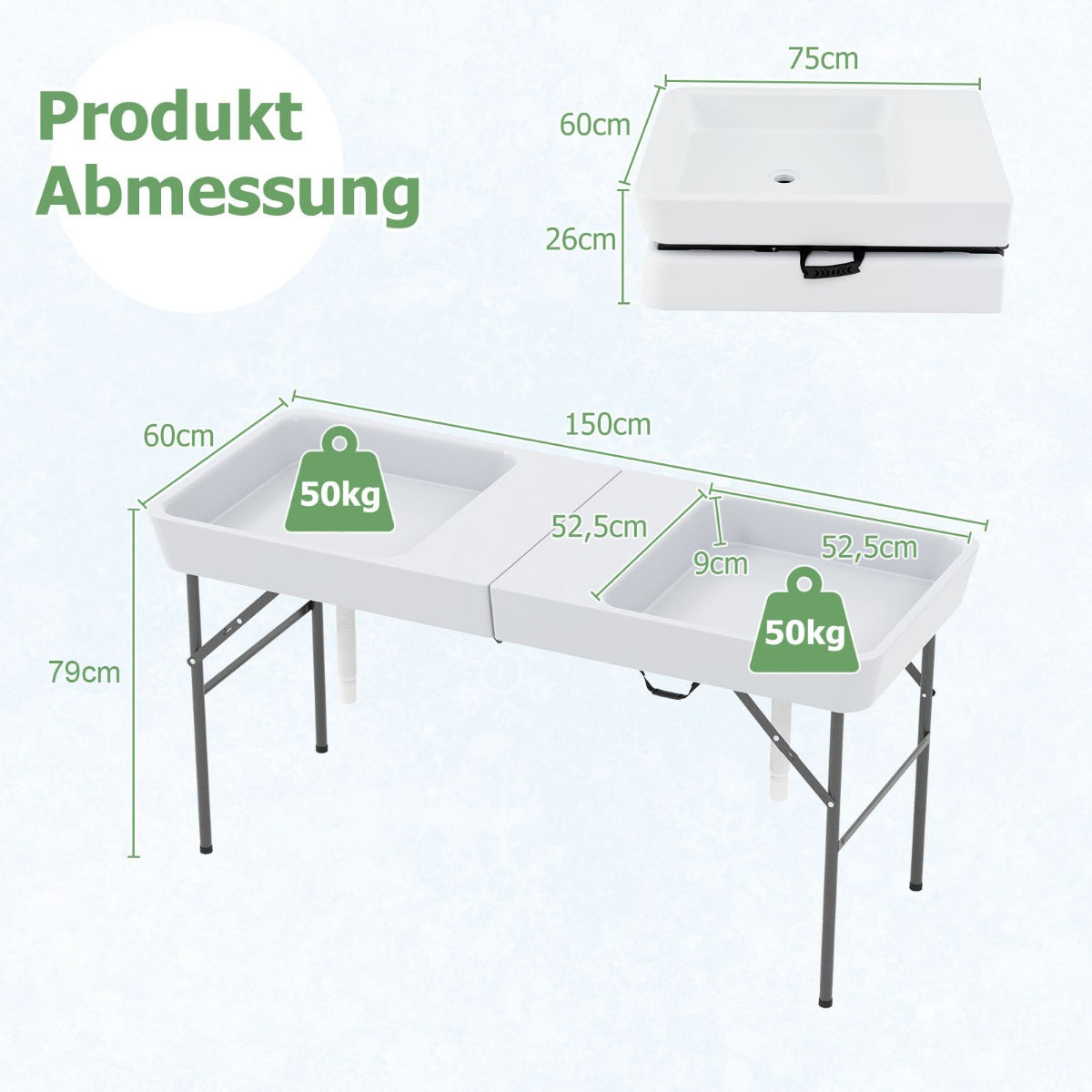 Fällbar – campingbord med dubbelho och förkläde samt avloppsslang kylbord trädgårdsbord – Vit