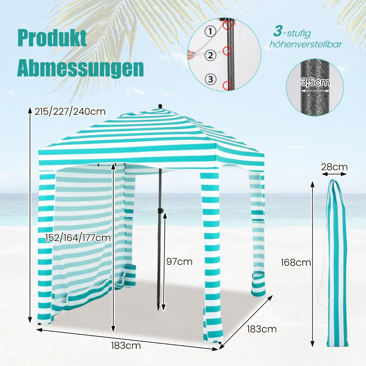 Solskydd – med avtagbar sidovägg och sandpåsar bärbart strandtält bärväska – 8 183 x 183 cm – Grön