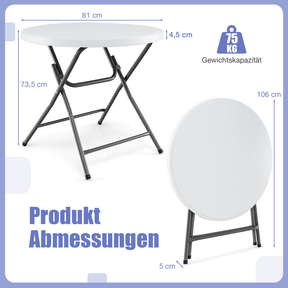 Rund – hopfällbart plastbord med förstärkt HDPE bordsskiva, robusta metallben och halkfria fötter – 81 cm – Vit