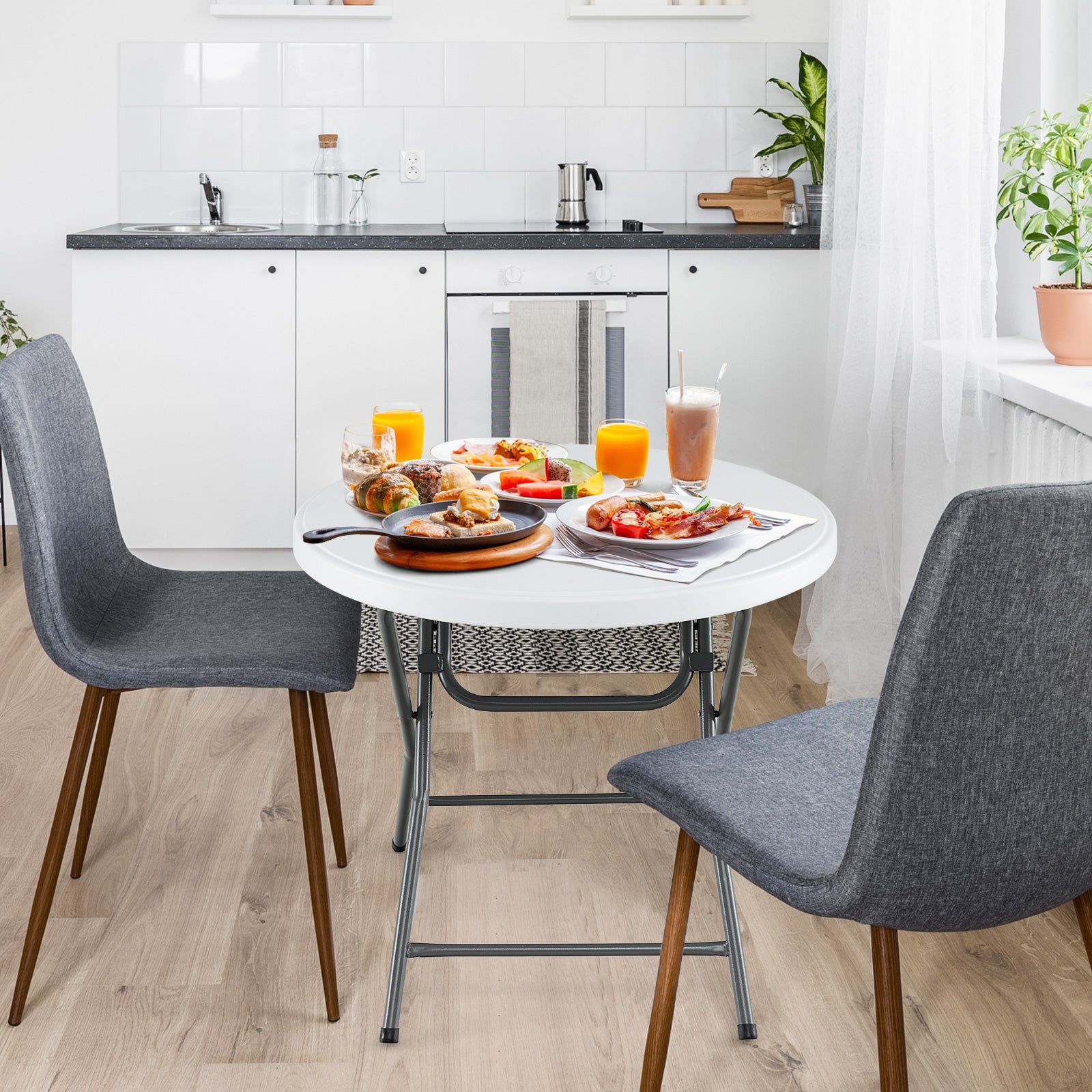 Rund – hopfällbart plastbord med förstärkt HDPE bordsskiva, robusta metallben och halkfria fötter – 81 cm – Vit
