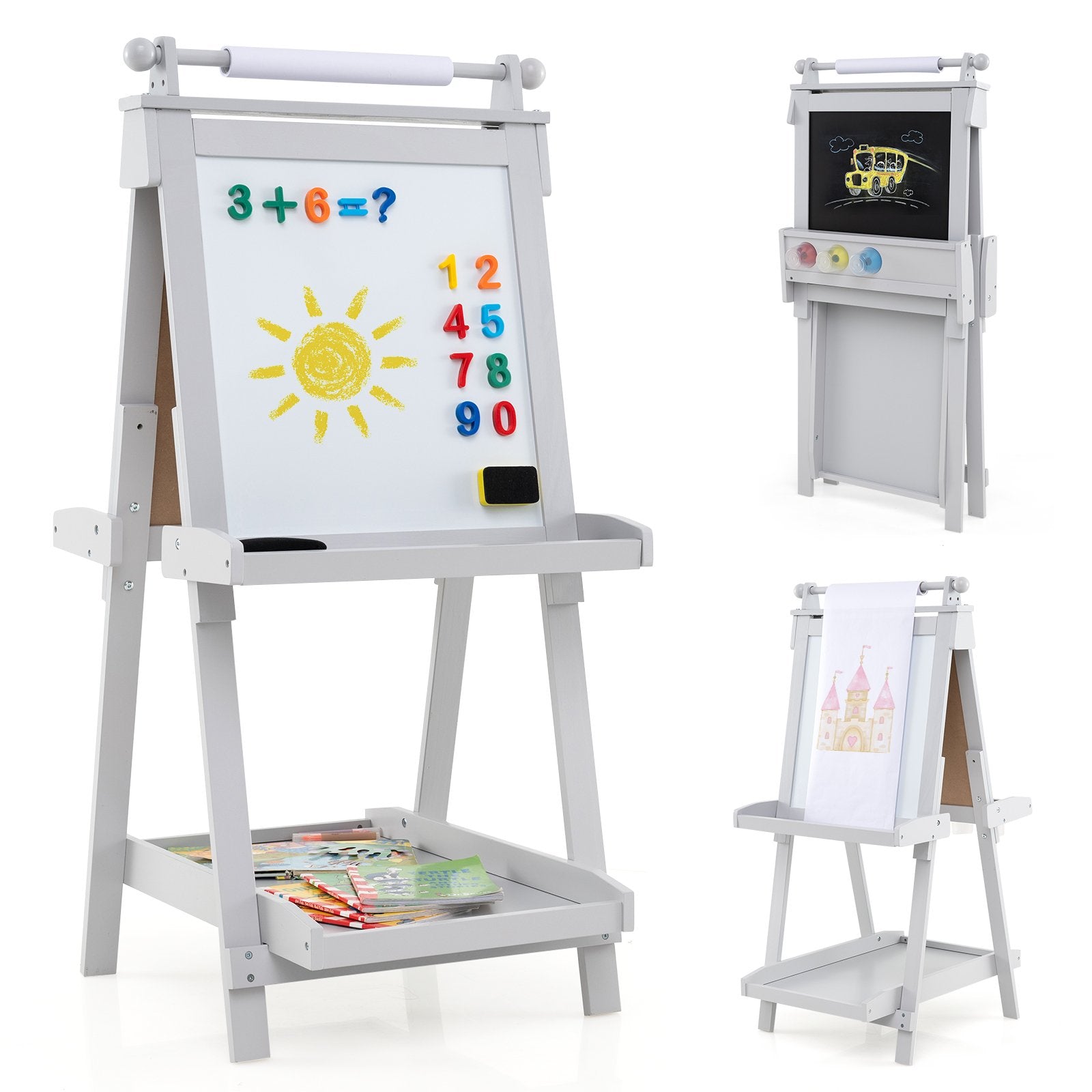 Barn – H höjdjusterbart tavla med whiteboard och magnetisk hopfällbar staffli – Grå