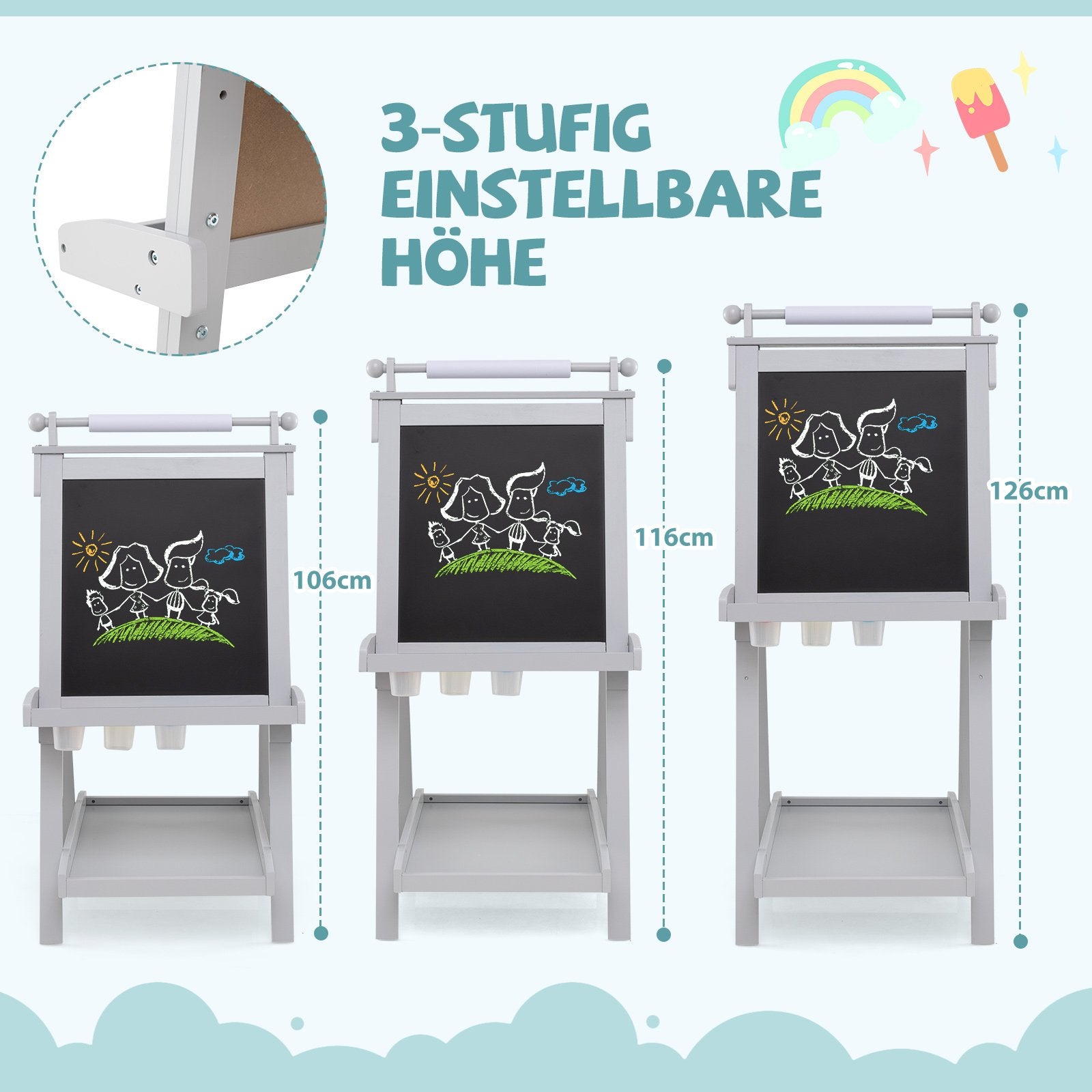 Barn – H höjdjusterbart tavla med whiteboard och magnetisk hopfällbar staffli – Grå