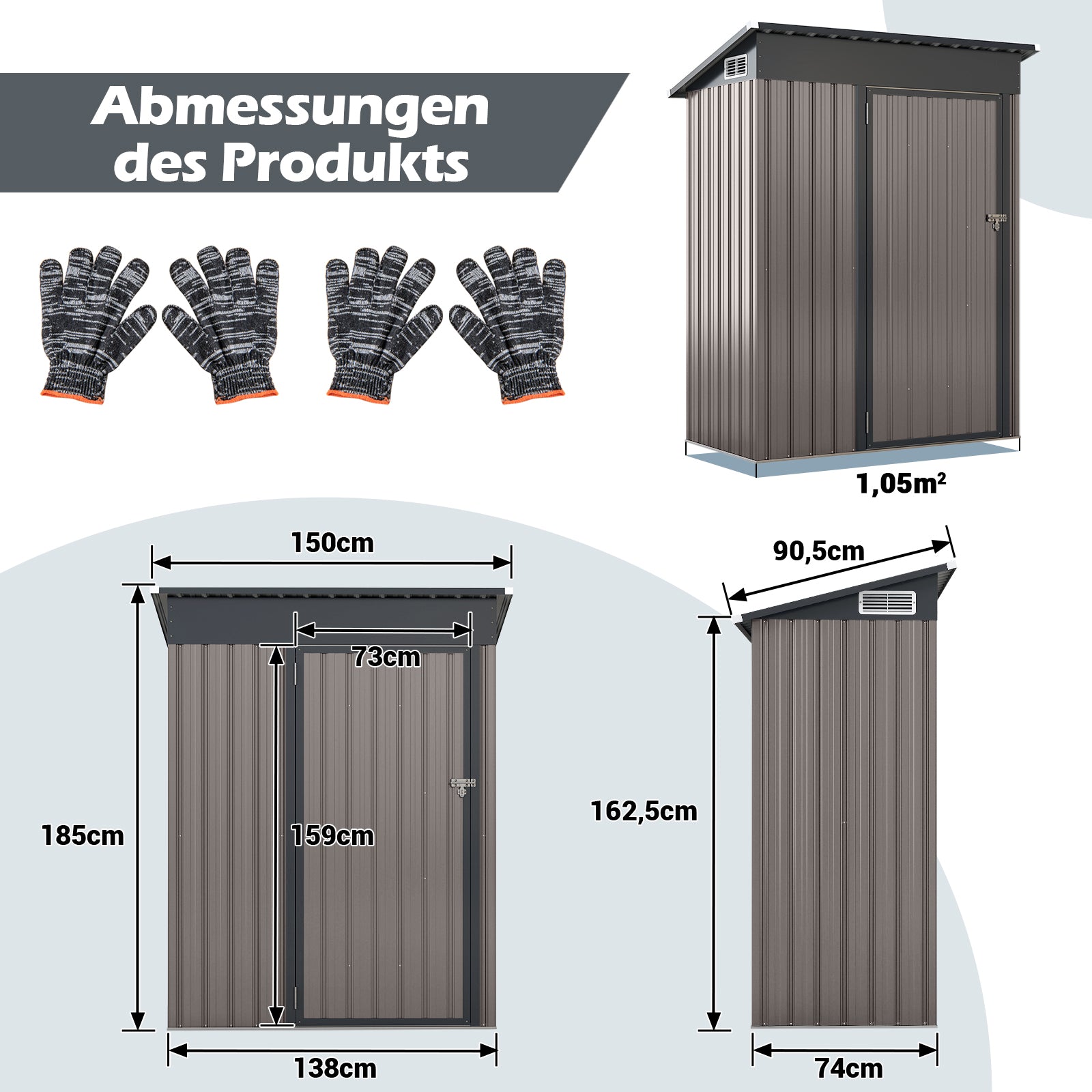 Trädgårdshus – Metall | m³ redskapsbod med pulpettak – 150 x 90,5 x 185 cm 1,5 – Ljusgrå