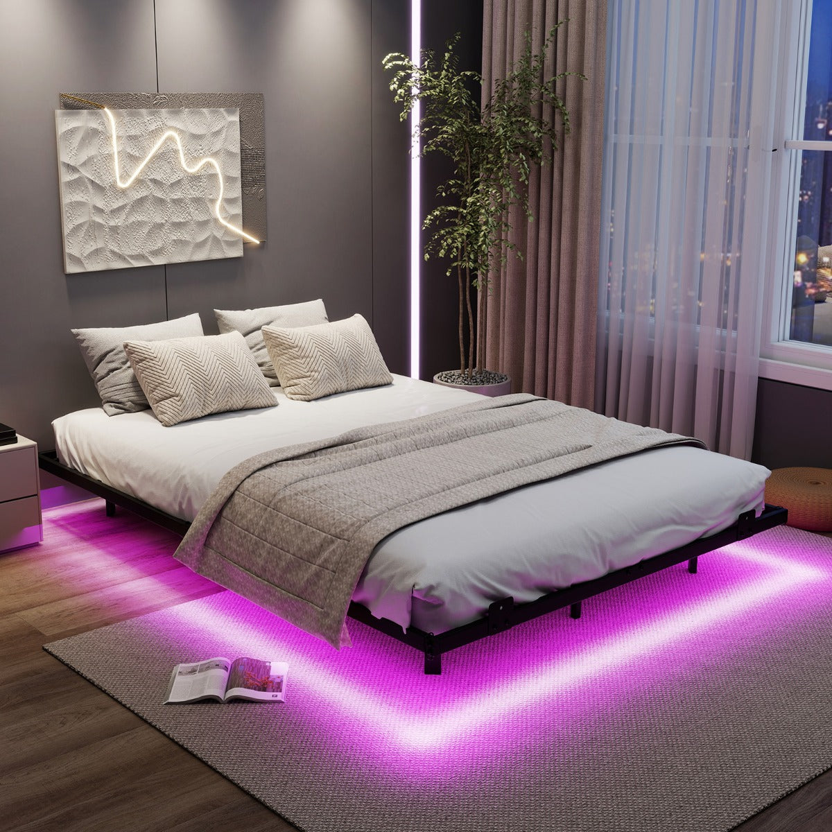 Dubbelsäng – Svängsängsställning med LED Belysning Modern Sängställning av Metall – 140 x 200 cm – Svart