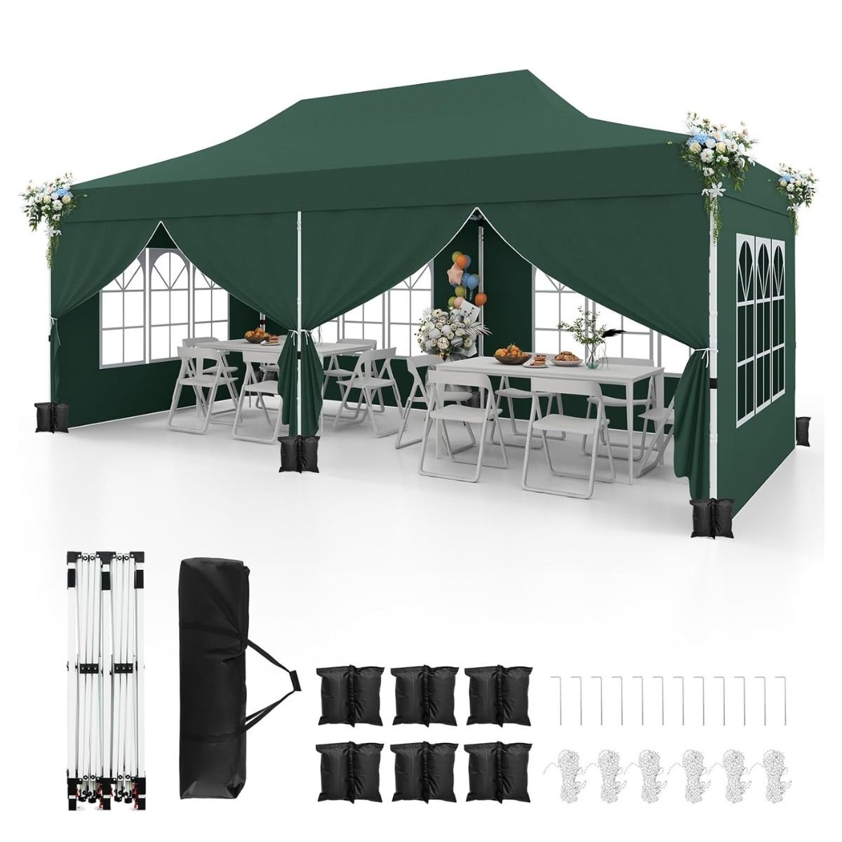 Paviljong, – med avtagbara sidoväggar, höjdjusterbart partytält – 6 3 x 6 m – Grön