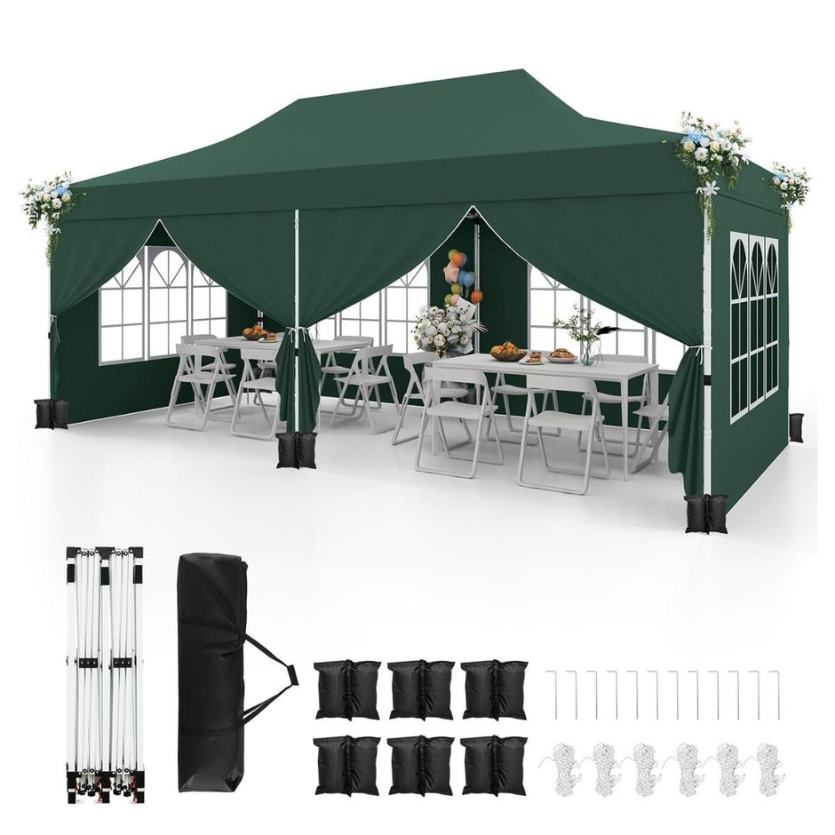 Paviljong, – med avtagbara sidoväggar, höjdjusterbart partytält – 6 3 x 6 m – Grön