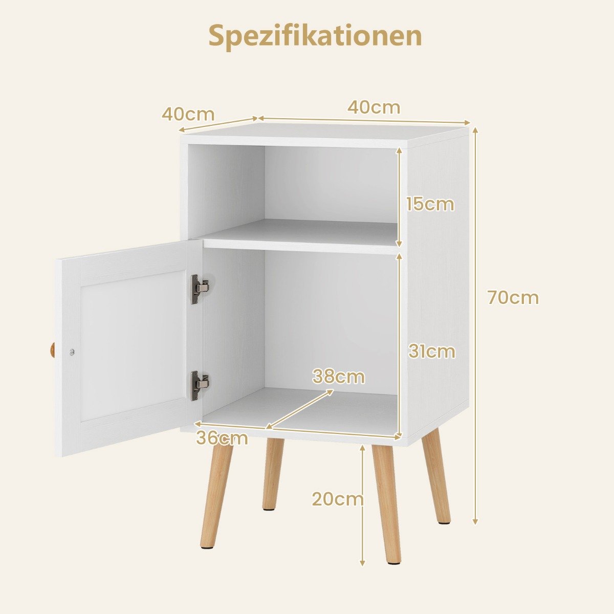 Rattansängbord – med förvaring Öppet hyllsystem och dörr Lantlig stil Sido styck – 1 – Vit