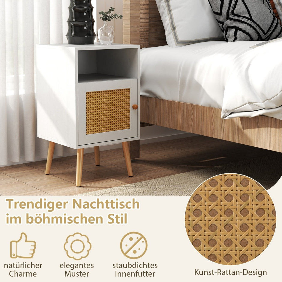 Rattansängbord – med förvaring Öppet hyllsystem och dörr Lantlig stil Sido styck – 1 – Vit