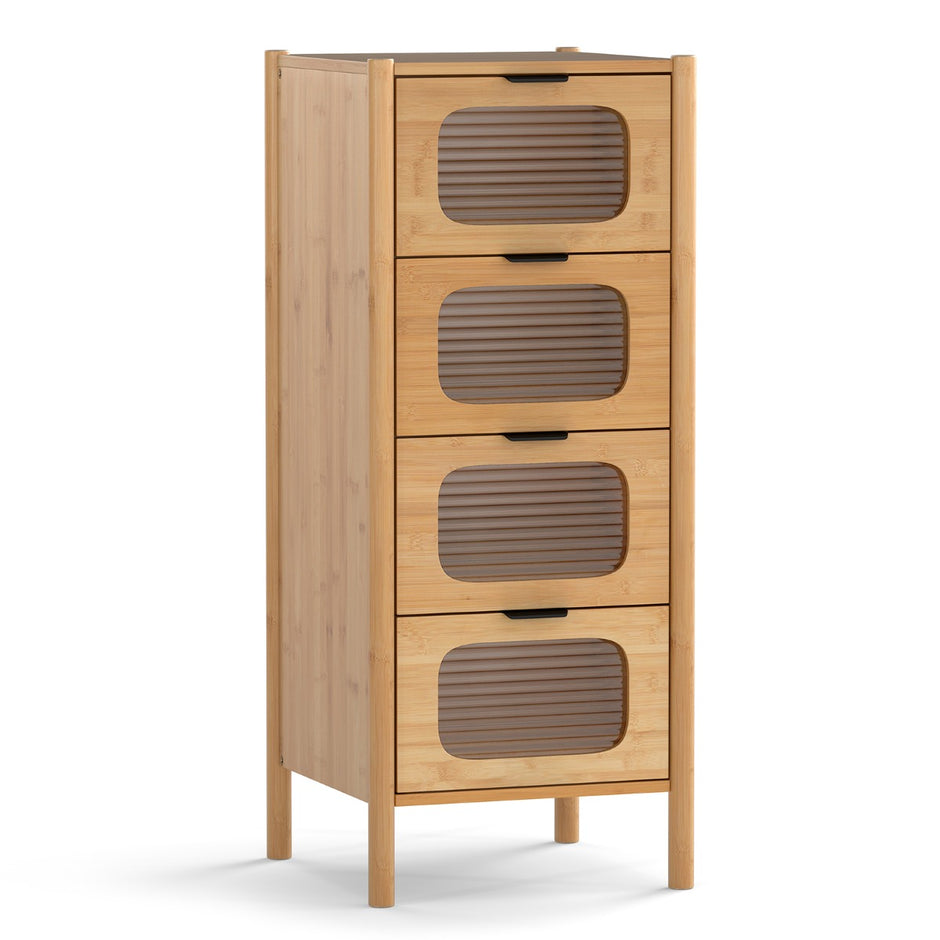 Kommodeskåp – med lådor, sidobord i bambu och härdat glas, – 4 40 x 40 x 97 cm – Natur