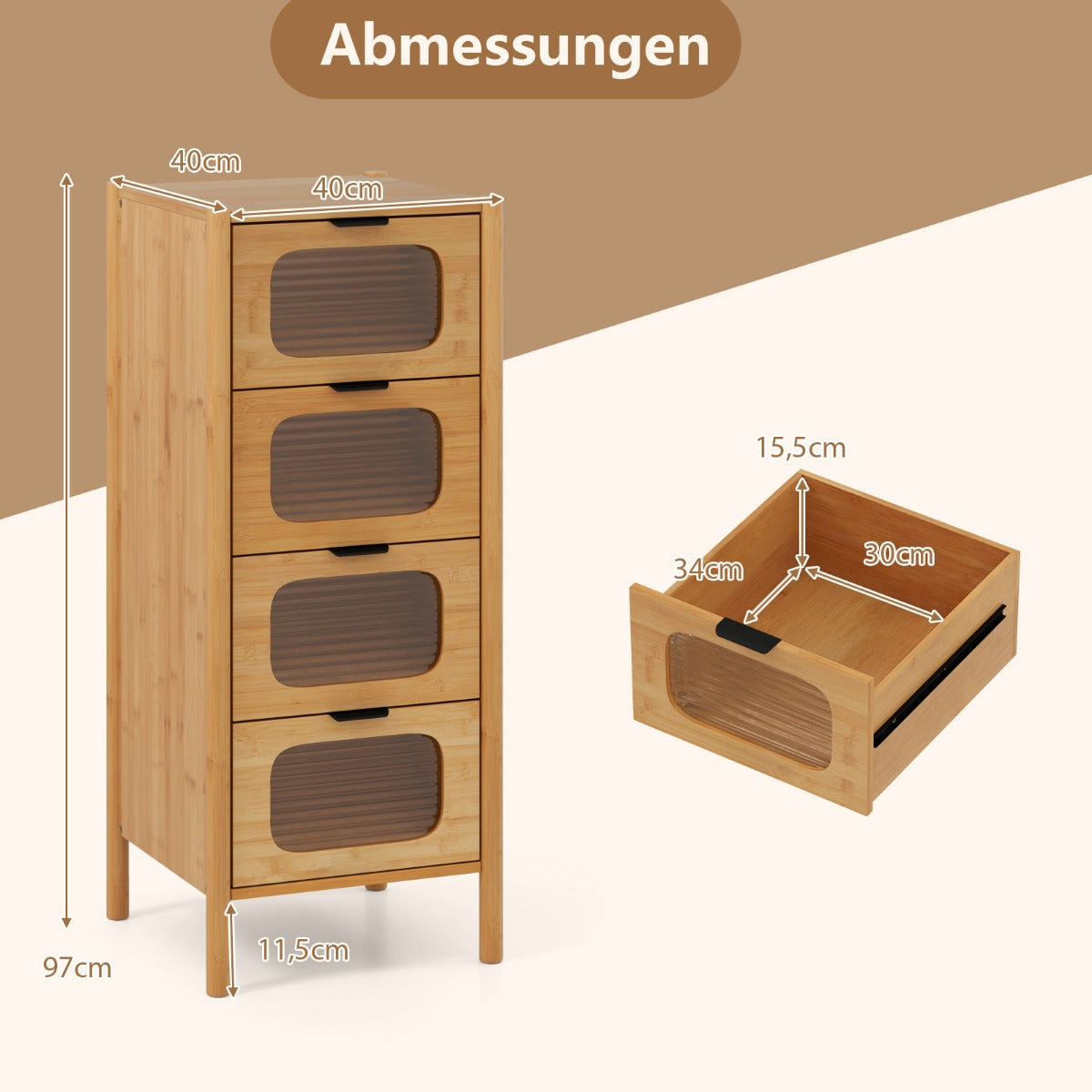 Kommodeskåp – med lådor, sidobord i bambu och härdat glas, – 4 40 x 40 x 97 cm – Natur