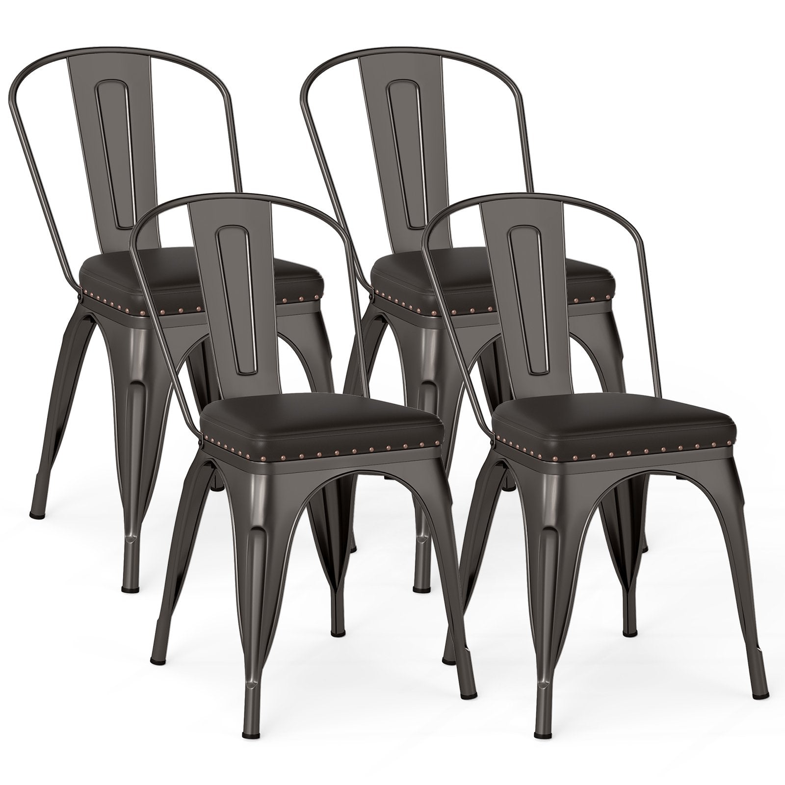 Matstolar – pack Bistrostol Metallstol stapelbar Kökstolar med stoppning Trädgårdsstolar ryggstöd – 4 44 x 53 x 84 cm – Skottgrå