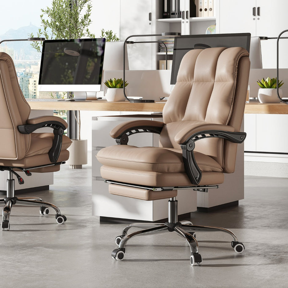 Ergonomisk – kontorsstol med inbyggd fotstöd, chefsstol, skrivbordstol – Kaffe