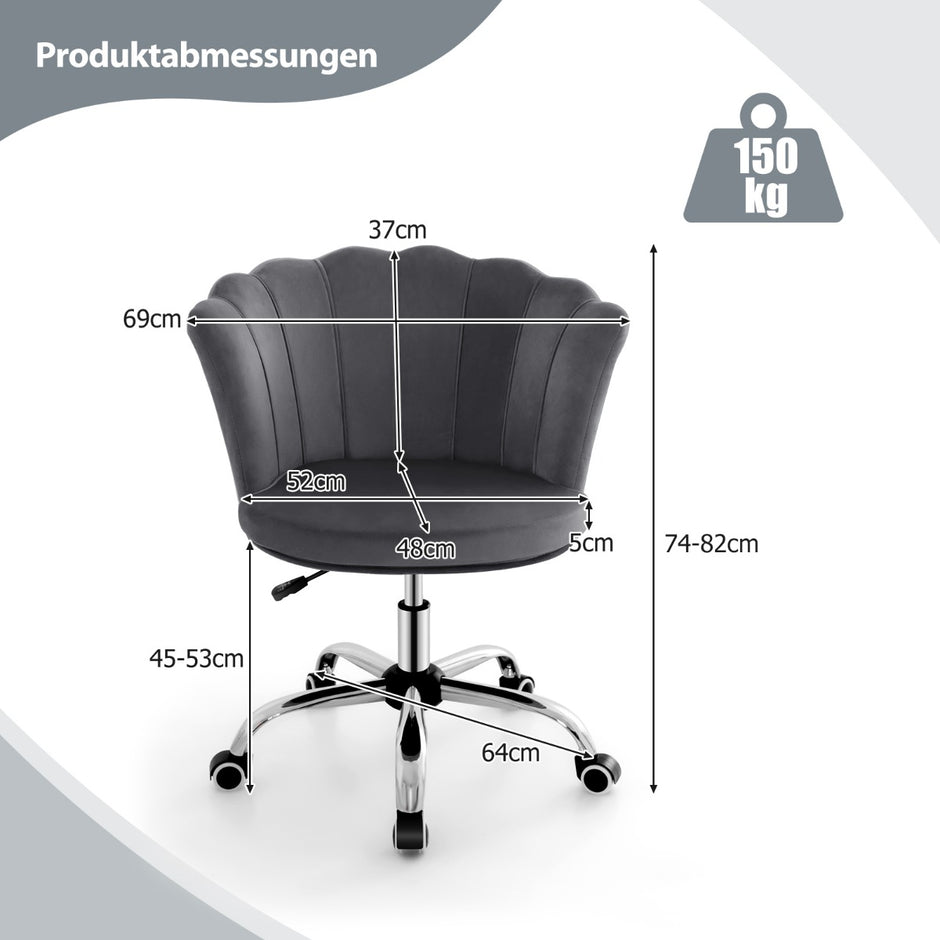 Höjdjusterbar – kontorsstol i sammet med hjul och ergonomisk design datorstol – Grå