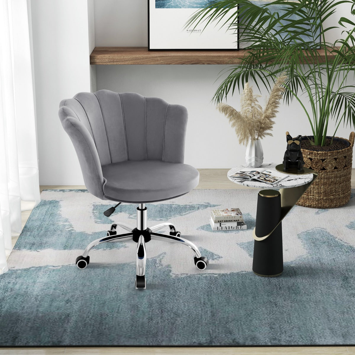 Höjdjusterbar – kontorsstol i sammet med hjul och ergonomisk design datorstol – Grå