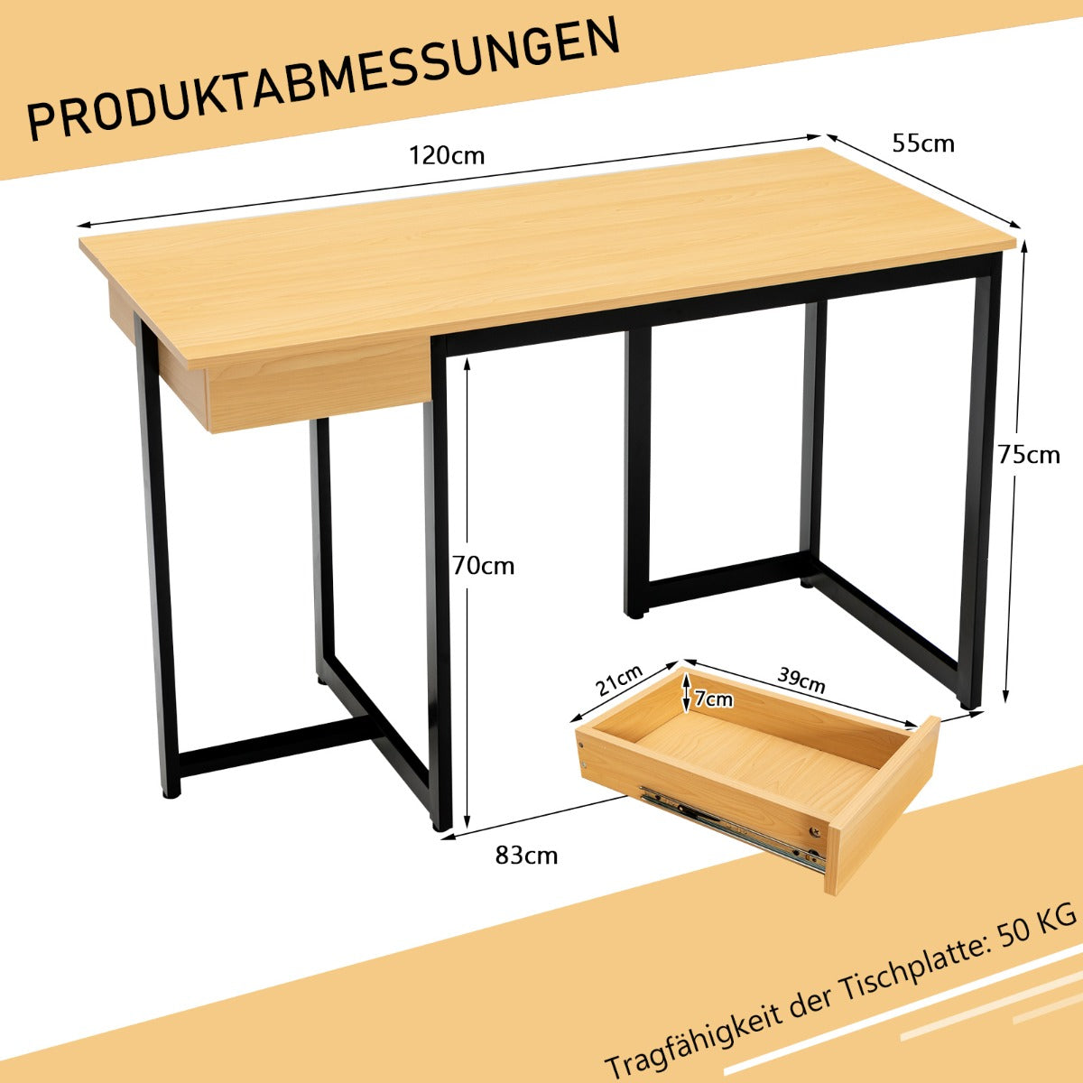 Långt – datorbord med låda och justerbara kuddar Naturell – 120 cm – Natur