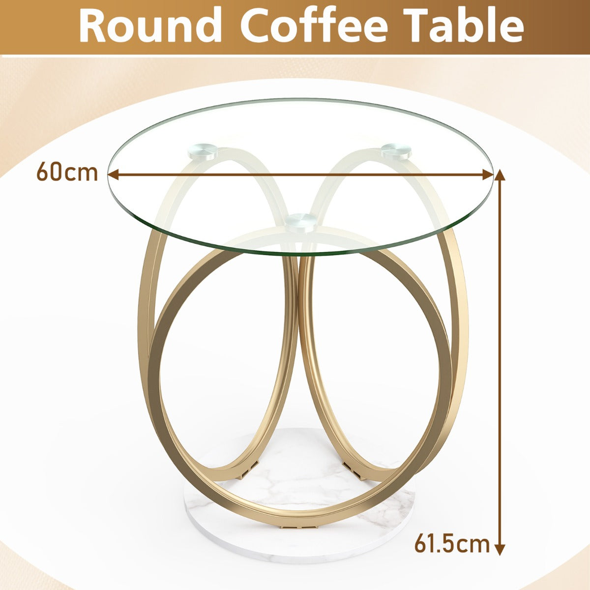 Minimalistisk – glasbord med geometrisk guldfärgad metallringsställ, modern soffbord – Guld