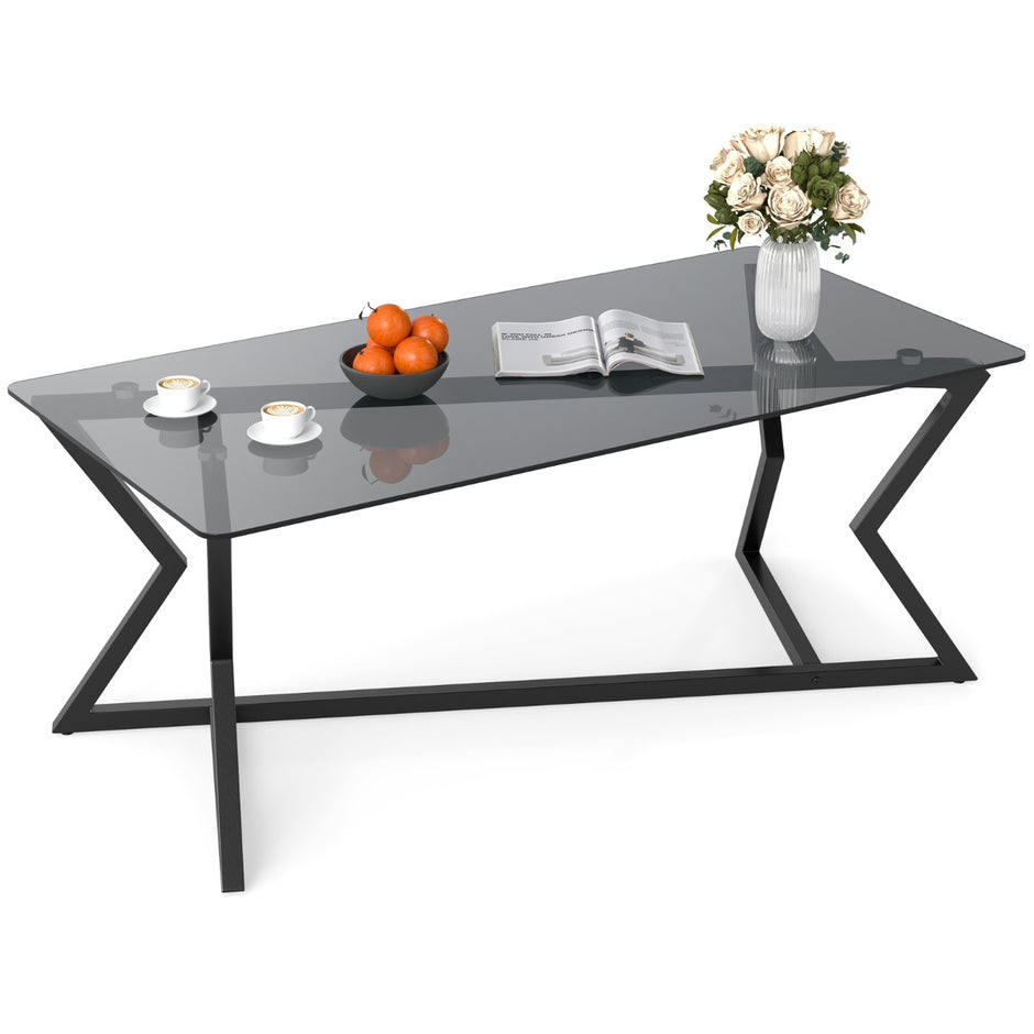 Rektangulär – soffbord med härdat glasplatta och geometriskt metallställ, modern glasbord – Svart