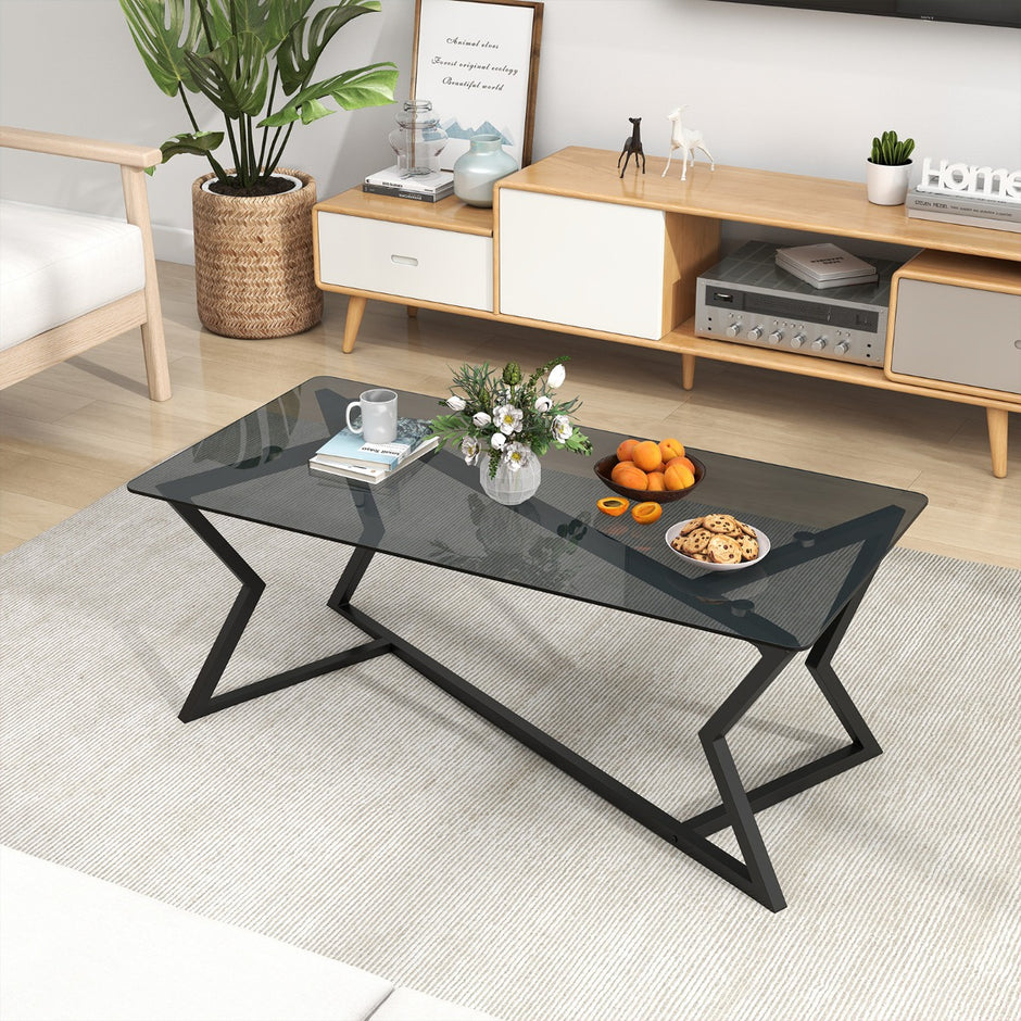 Rektangulär – soffbord med härdat glasplatta och geometriskt metallställ, modern glasbord – Svart