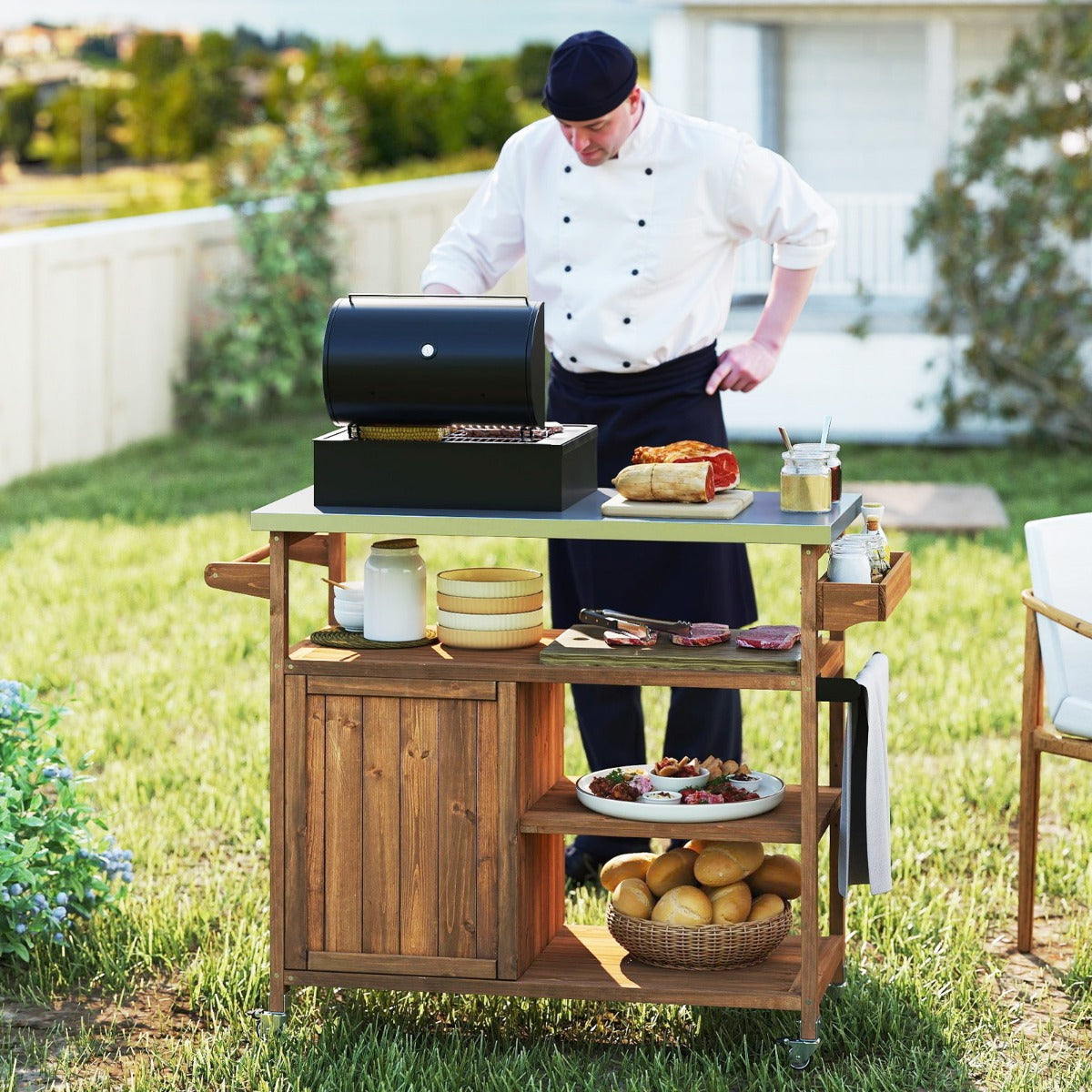 Trä – Grillvagn med Förvaringsutrymme Utomhus Köksö Rostfritt Stål Arbetsyta öppen Hyllfack – 3 – Natur