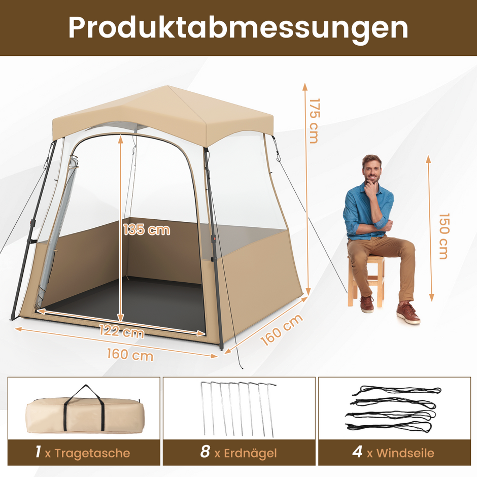 Genomskinligt – pop up sporttält, transparent campingtält, utomhus allvädersskydd med bärväska, – 160 x 160 x 176 cm – Brun