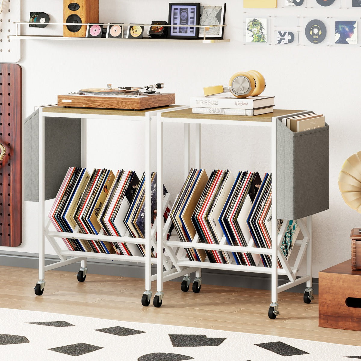 Rullbar – skivspelare ställning Vinylskivbord med vinylförvaring och tidningshållare – Natur
