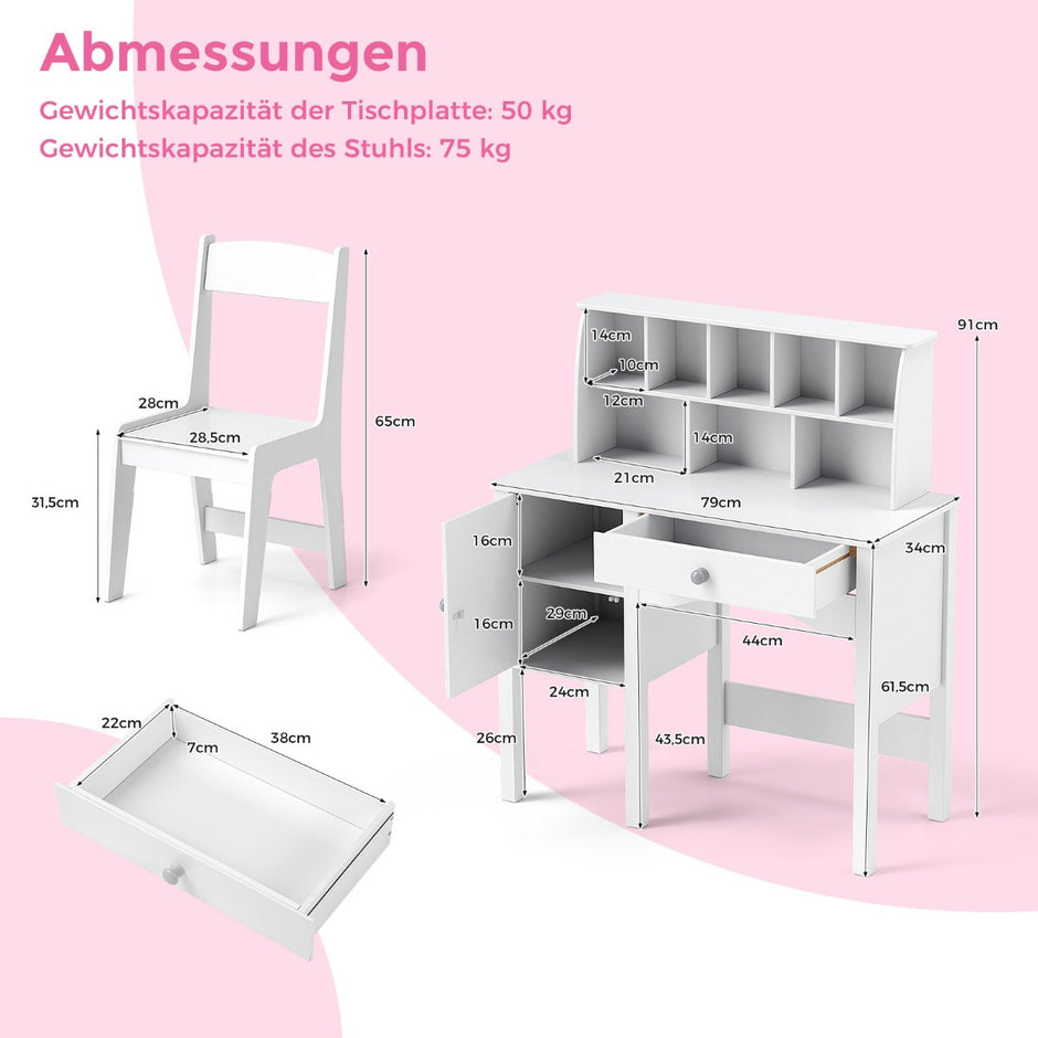 Skrivbord – barn med stol låda skåp och hylla – 79 x 34 x 91 cm – Vit