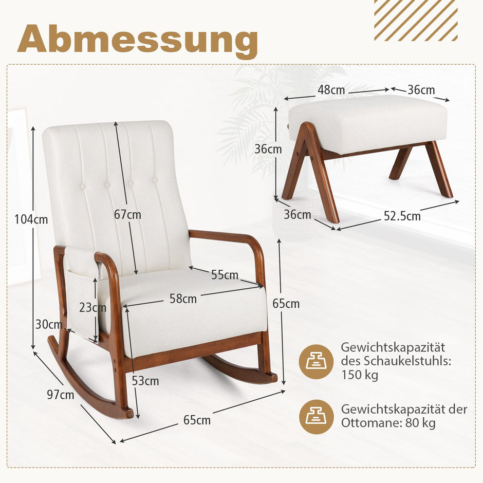 Gungstol – med ottoman Polstret ryggstöd och sidoficka – Beige