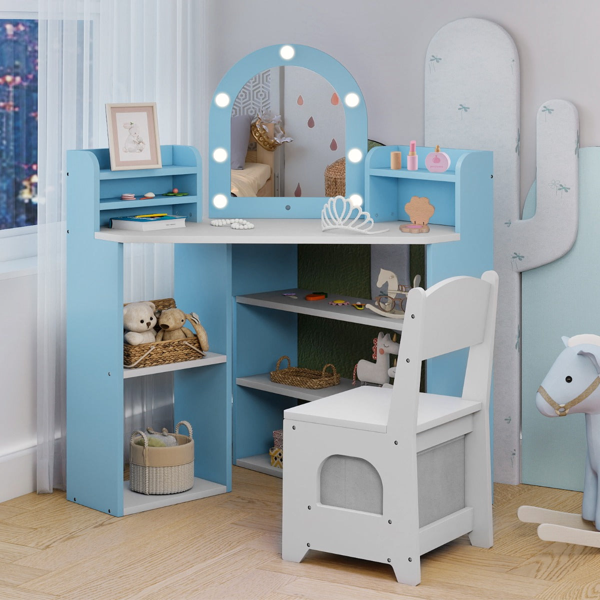 Hörn – sminkbord för barn med spegel och belysning Prinsess stol set – Blå