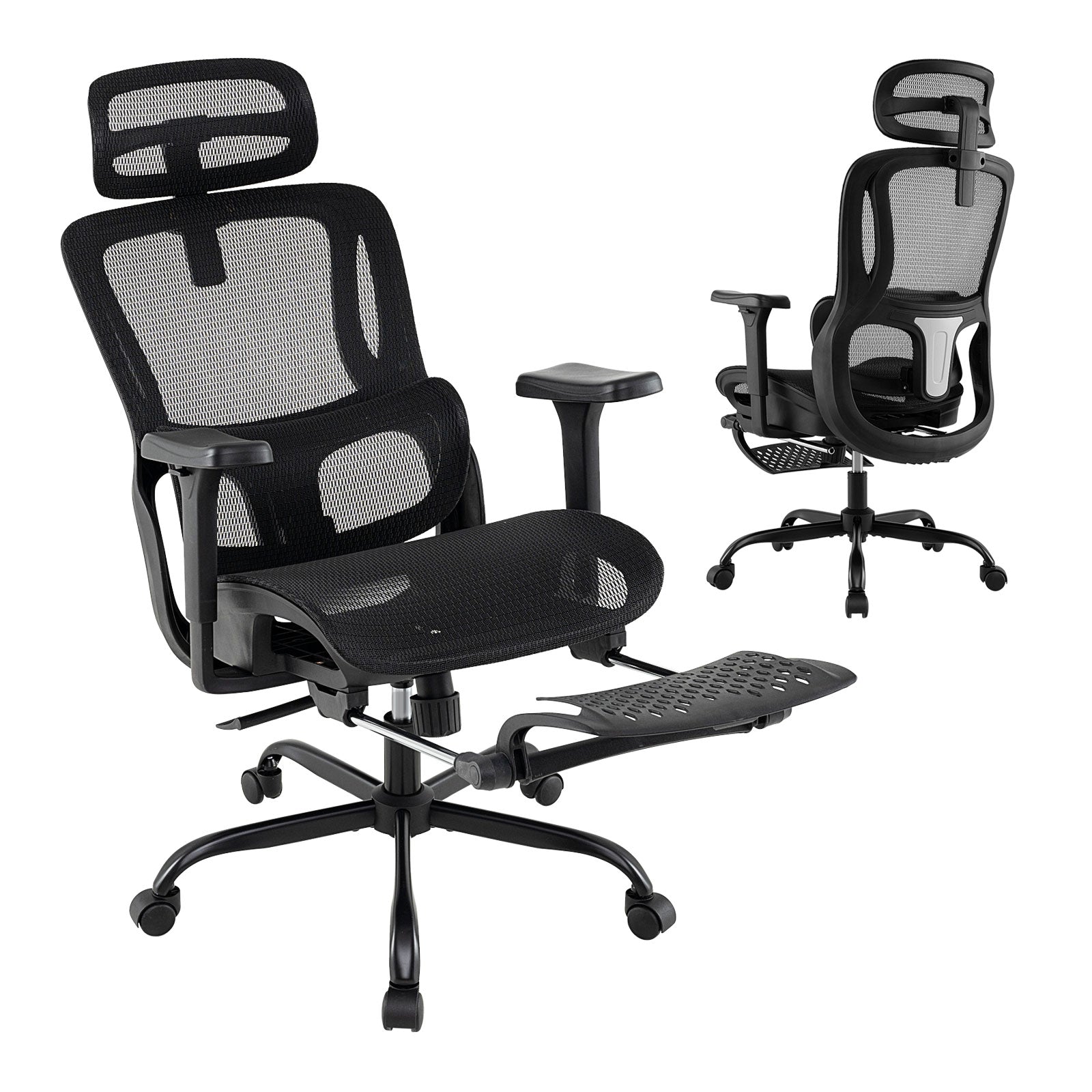 Ergonomisk – kontorsstol datastol med utdragbar fotstöd justerbart ländryggstöd och armstöd – Svart