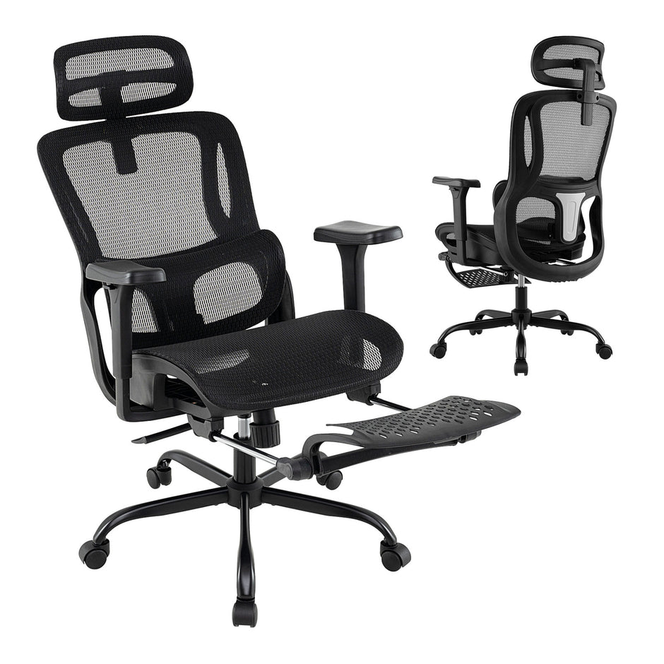 Ergonomisk – kontorsstol datastol med utdragbar fotstöd justerbart ländryggstöd och armstöd – Svart