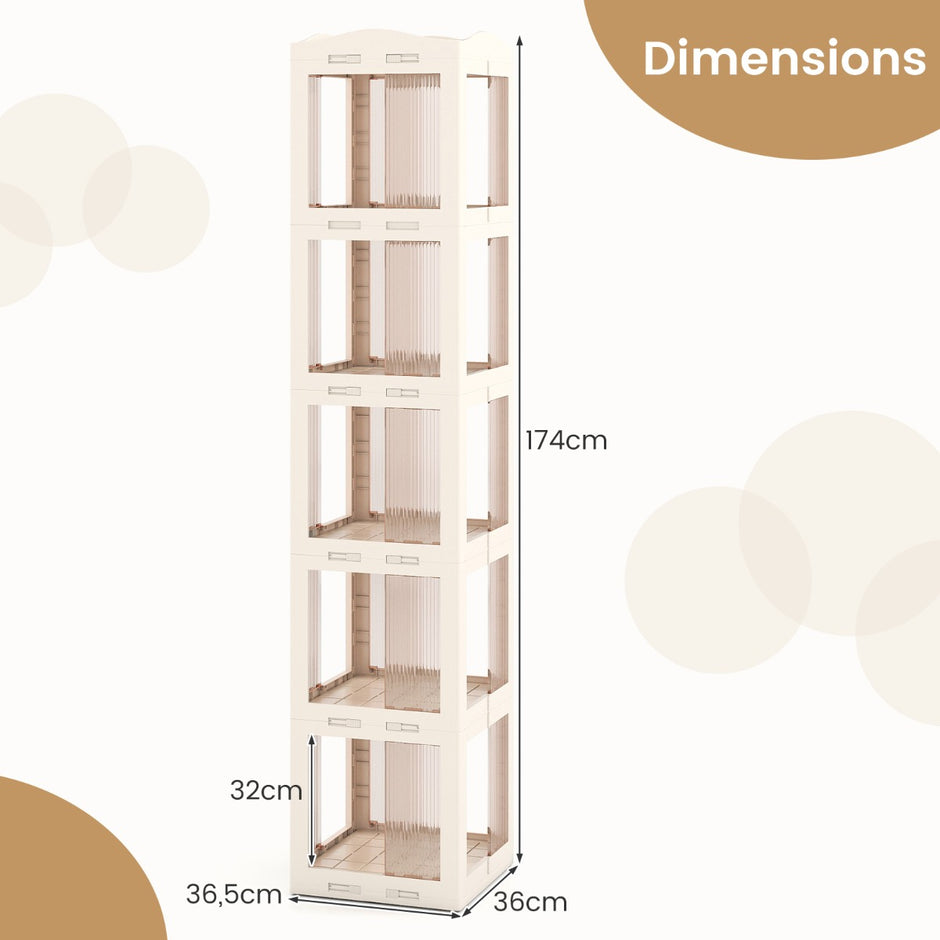 360° – Svängbar Bokhylla Ihopfällbar Ställhylla Transparent Kontorshylla – 36.5 x 36 x 174 cm – Vit