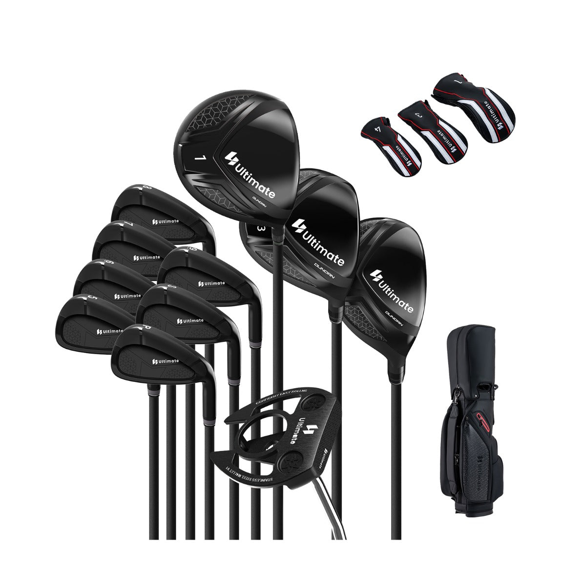 Del – Golfklubba Set för Högerhänt med Golfväska Caddy Bag – 11 – Svart