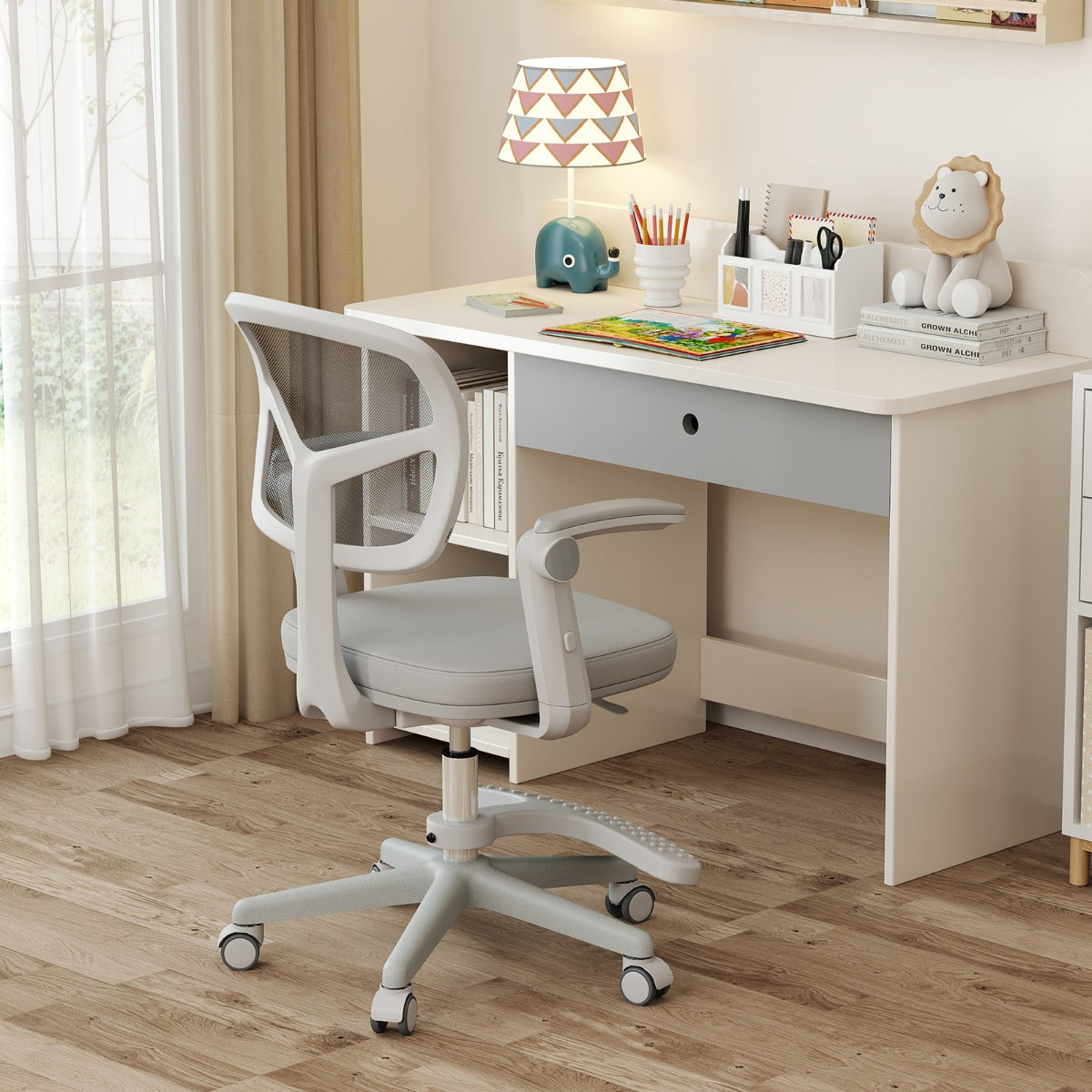Barnskrivbordsstol – med höjdjusterbar sitthöjd Barnroterbar hjul – 41-52 cm – Grå