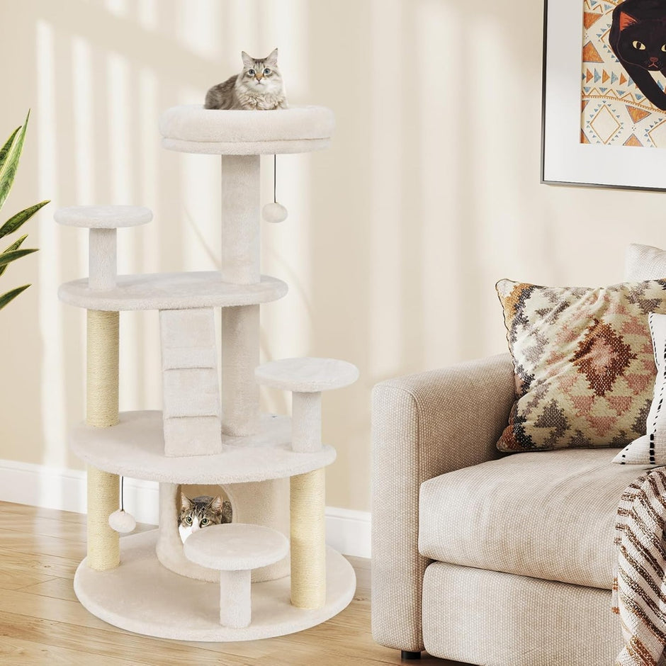 Liten – klösträd med kattgrotta och boll stege i trä – Beige