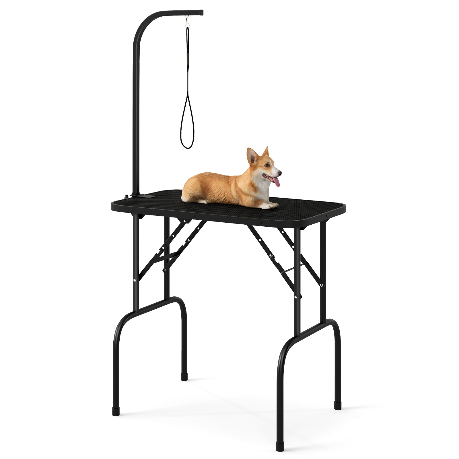 Hopfällbart – hundvårdsbord, justerbart husdjursvårdsbord, trimningsbord med slingor, – 80,5 x 46 x 76,5 cm – Svart