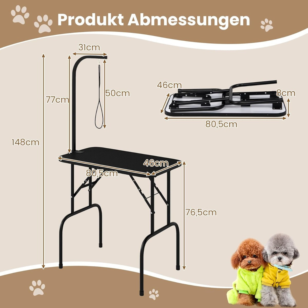 Hopfällbart – hundvårdsbord, justerbart husdjursvårdsbord, trimningsbord med slingor, – 80,5 x 46 x 76,5 cm – Svart