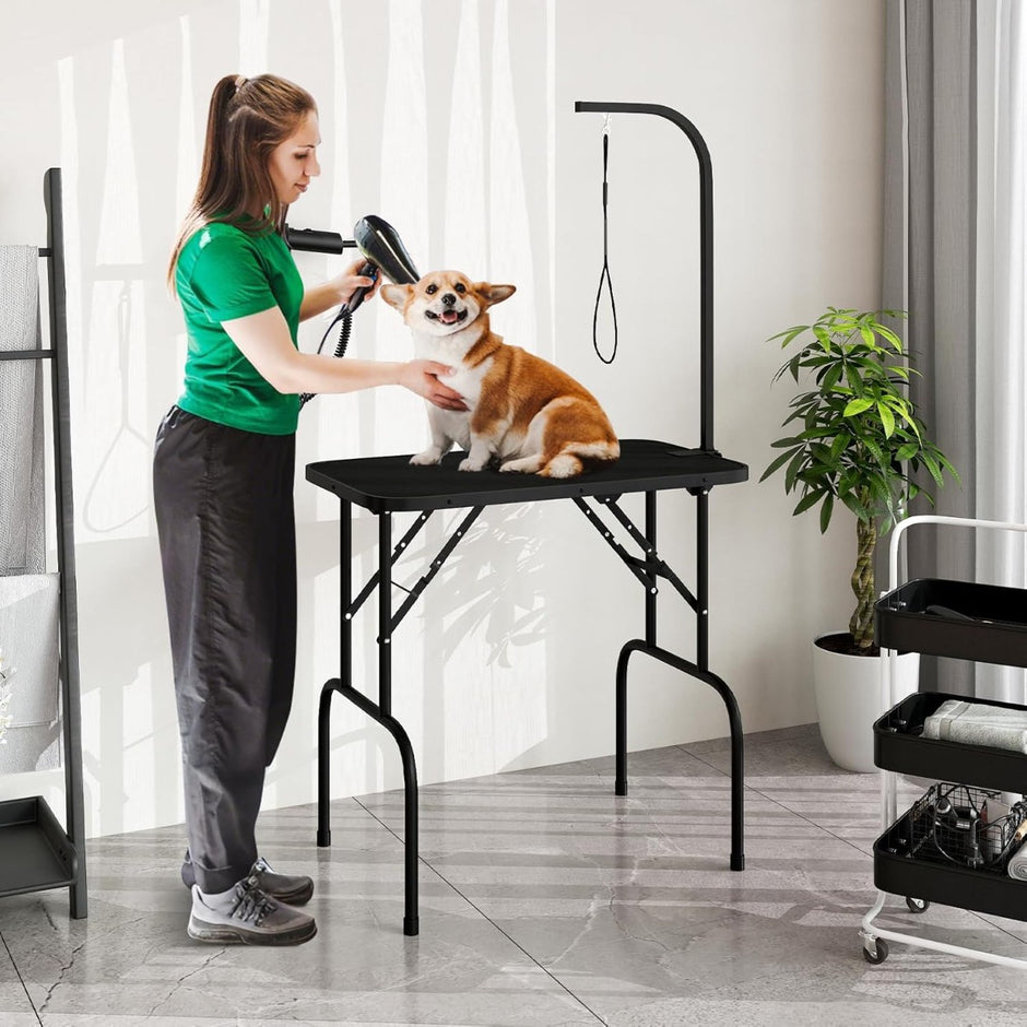 Hopfällbart – hundvårdsbord, justerbart husdjursvårdsbord, trimningsbord med slingor, – 80,5 x 46 x 76,5 cm – Svart