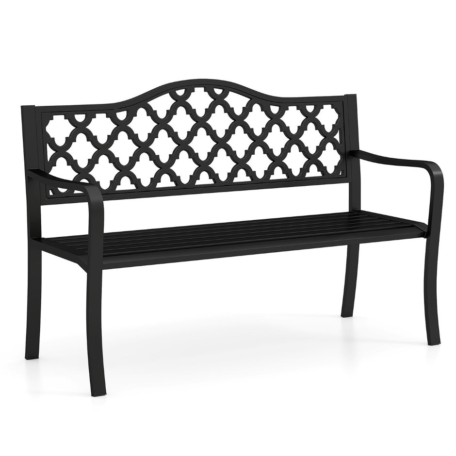 Trädgårdsbänk – Metall väderbeständig sittbänk för personer parkbänk med ryggstöd och armstöd – 2 128 x 54 x 89 cm – Svart