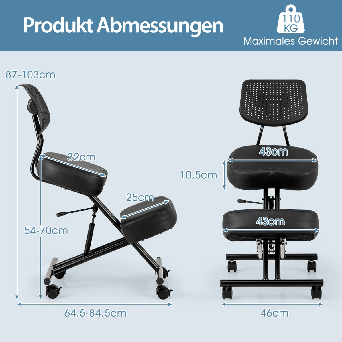 Ergonomisk – knä stol med sned sits för smärtlindring ortopedisk – Svart