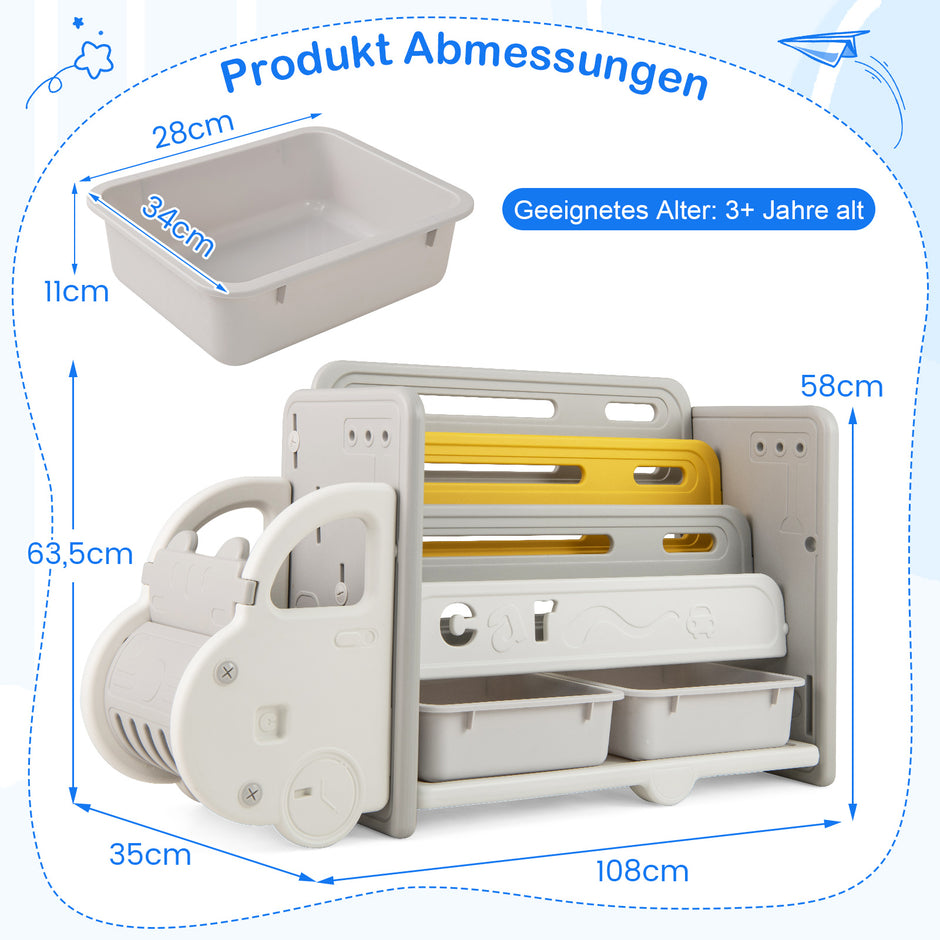Barnbokhylla – i automotive stil med hyllor och förvaringslådor, leksaksskåp, leksaksorganisatör – 4 2 108 x 35 x 63,5 cm – Grå