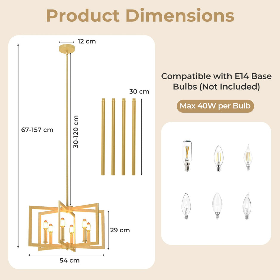 låga – Kronljus Taklampa industriell Pendellampa med justerbart Höjd – 6 67-157 cm – Guld