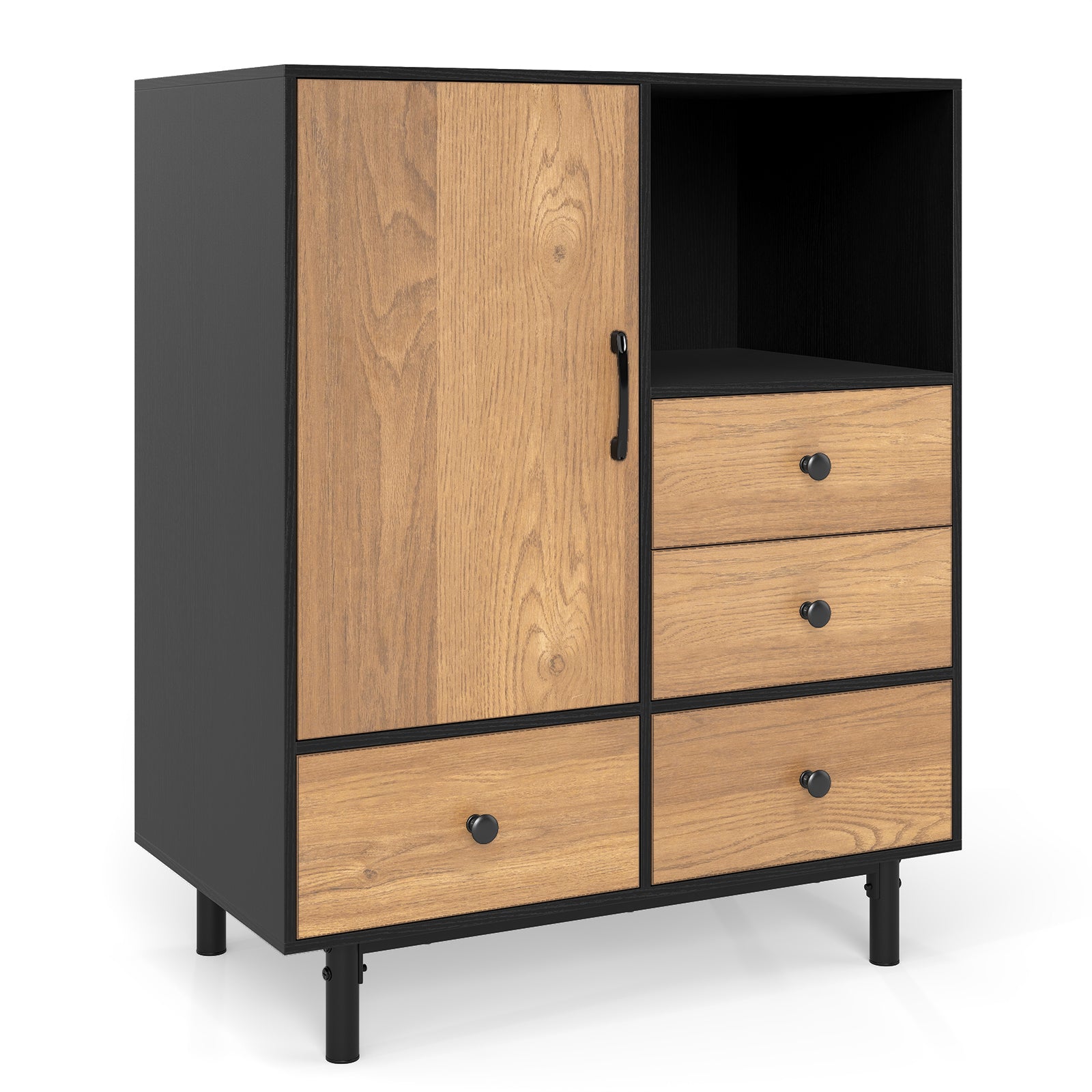 Buffet – sidobord medeltida modern förvaringsskåp med lådor och öppen hylla – 4 – Svart