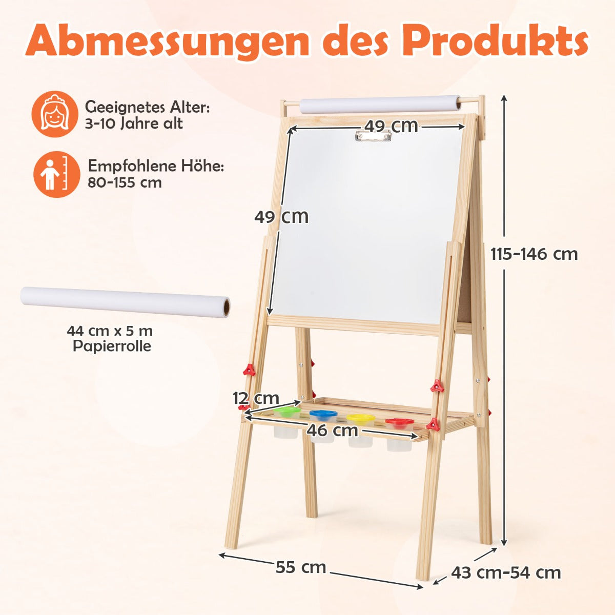i – Barn Tafel med Magnetisk Tavelkritt och Whiteboard Papperroll Höjdjusterbar – 3 1 – Natur