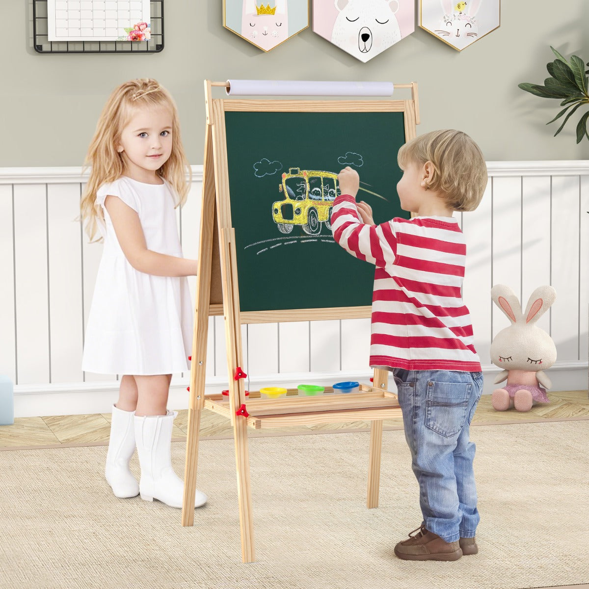 i – Barn Tafel med Magnetisk Tavelkritt och Whiteboard Papperroll Höjdjusterbar – 3 1 – Natur