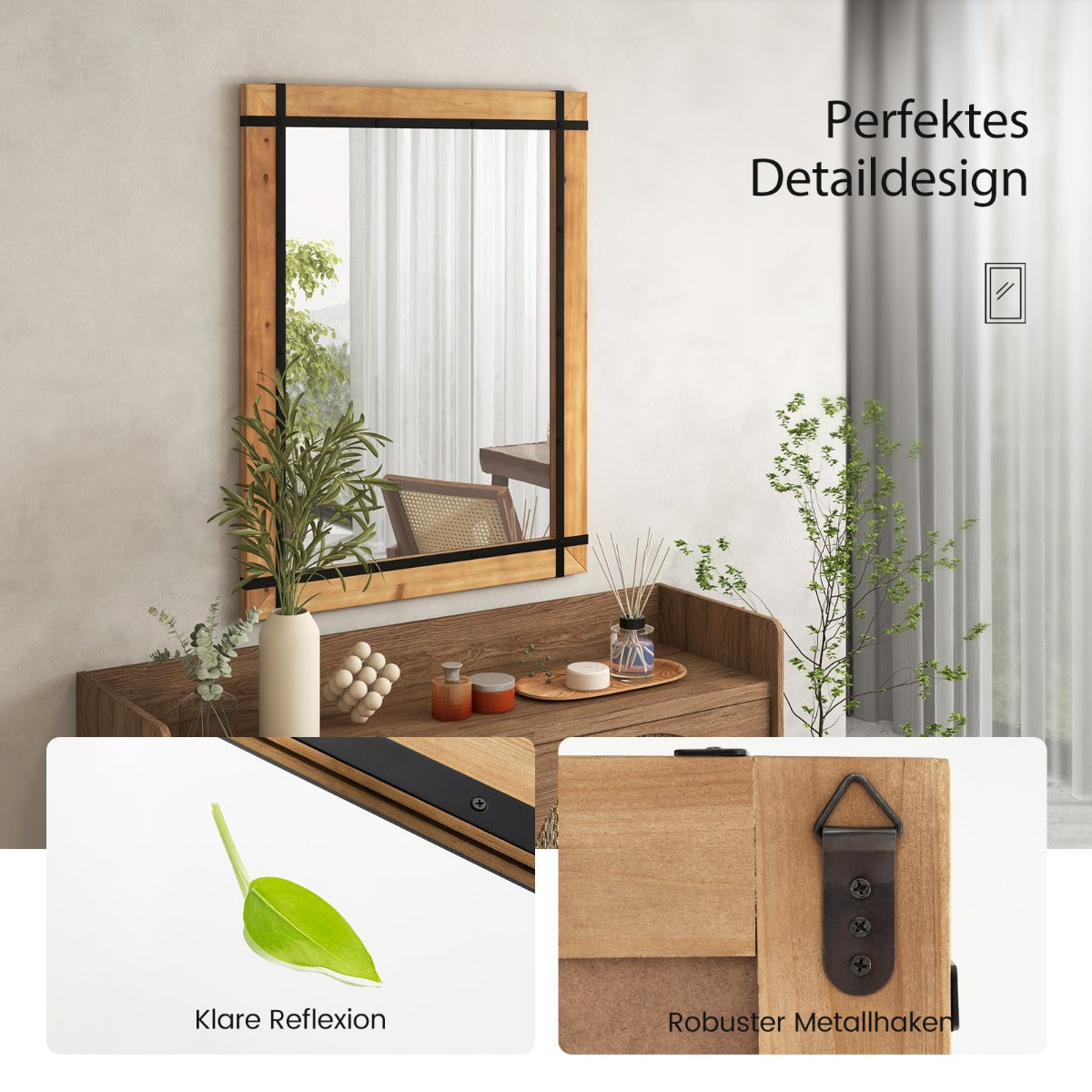 Dekorativ – hängande väggspegel Väggmonterad Farmhouse Style Naturlig – 77 x 99,5 cm – Natur