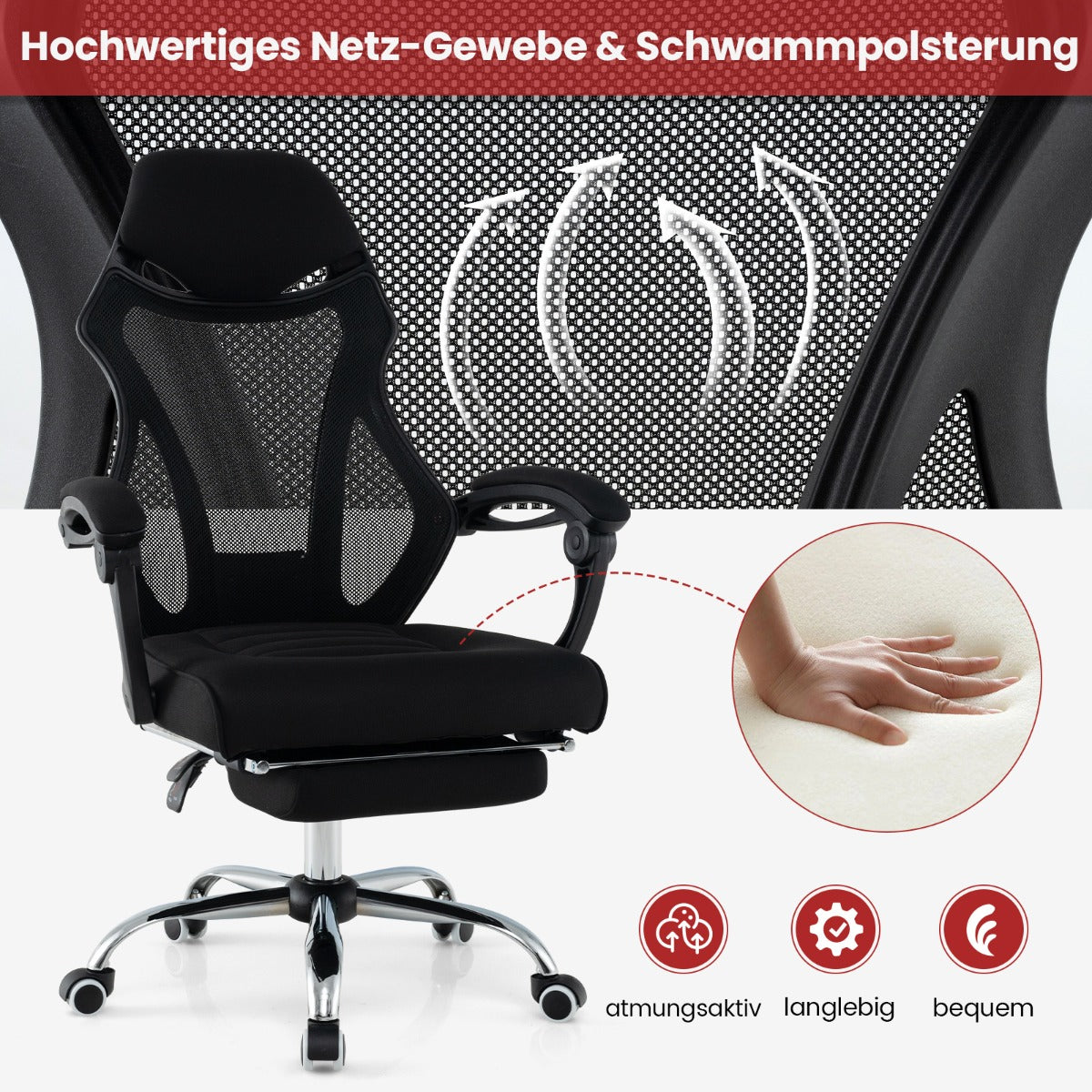Ergonomisk – kontorsstol i mesh med fotstöd och höjdjusterbart fällbart ryggstöd Executive – Svart