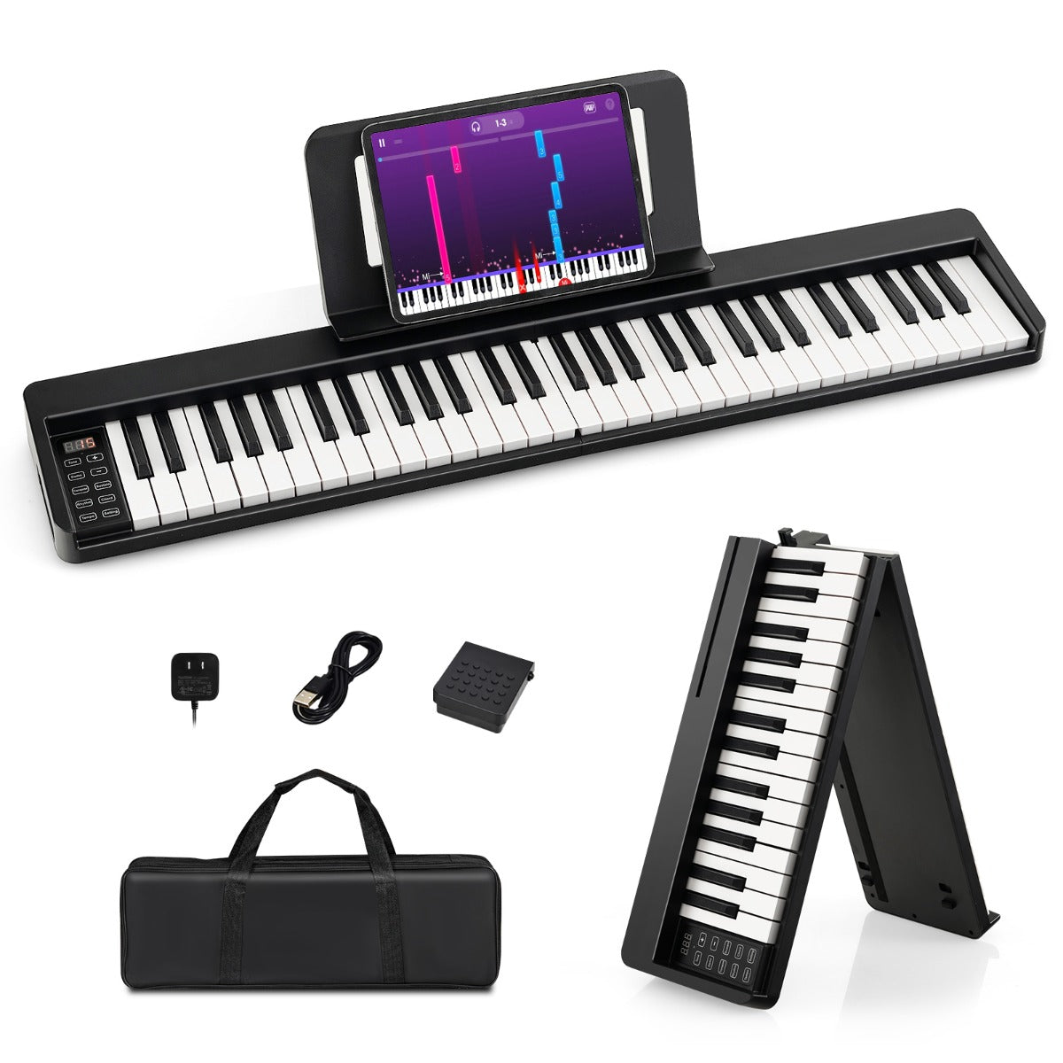Digitalt – piano med tangenter och Bluetooth musikställ pedal hopfällbar – 61 – Svart och vit