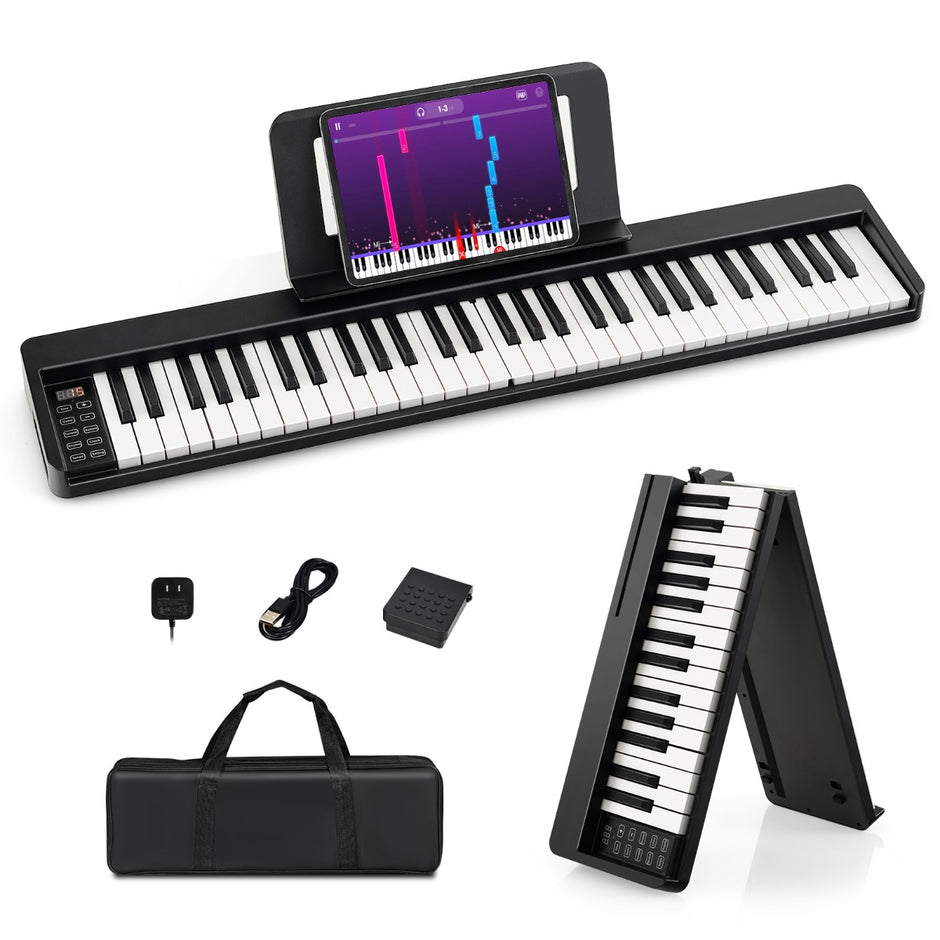 Digitalt – piano med tangenter och Bluetooth musikställ pedal hopfällbar – 61 – Svart och vit