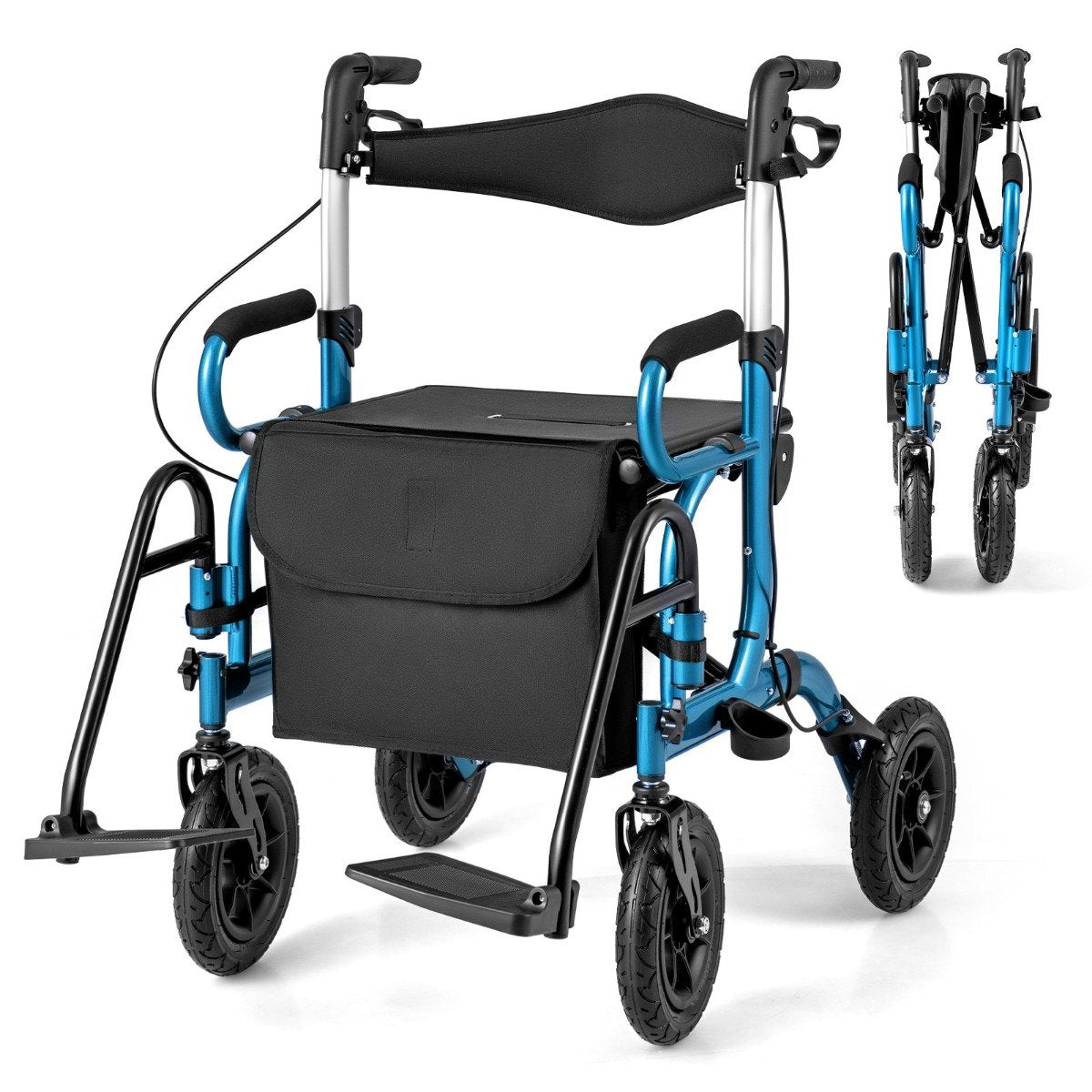 Fällbar – och lätt rollator med luftdäck sittplats i rullstol rese – 2 1 – Blå