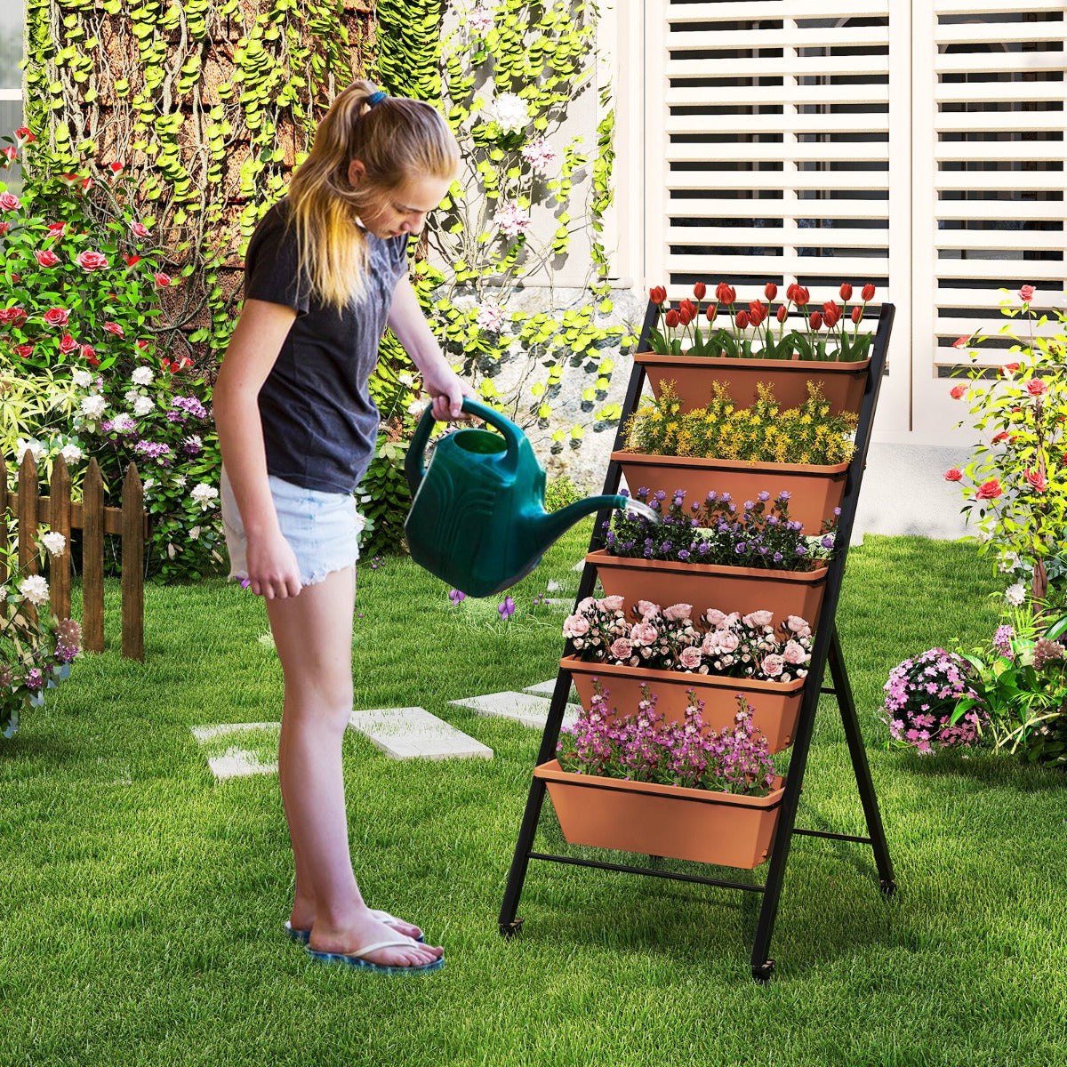 våningar – vertikalt odlingsbädd med hjul blomsterbädd planteringslådor blomlåda – 5 – Brun